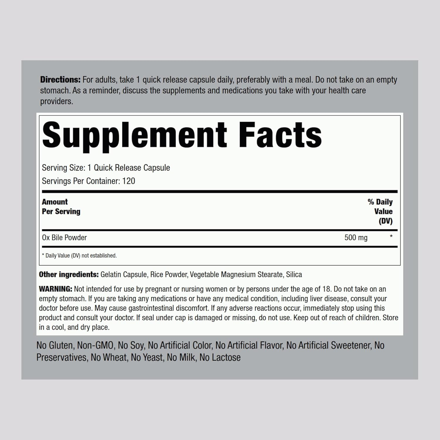 Ox Bile Supplement 500Mg | 100 Capsules | Digestive Enzyme | Non-Gmo, Gluten Free | by Piping Rock image number 6