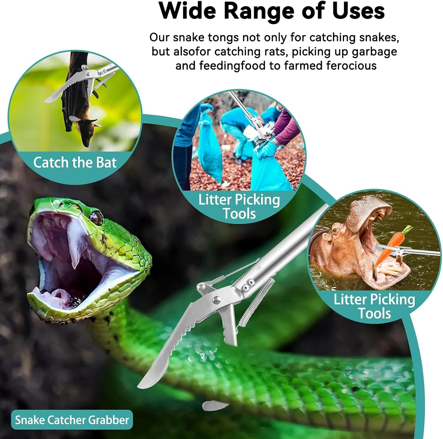 60&ldquo; Professional Collapsible Snake Grabber Tool, Stainless Steel Snake Catcher Pole with Heavy-Duty Grabber Heads, Tongs, and Hook Mechanisms for Safe Reptile Control in Gardens or Farms image number 6