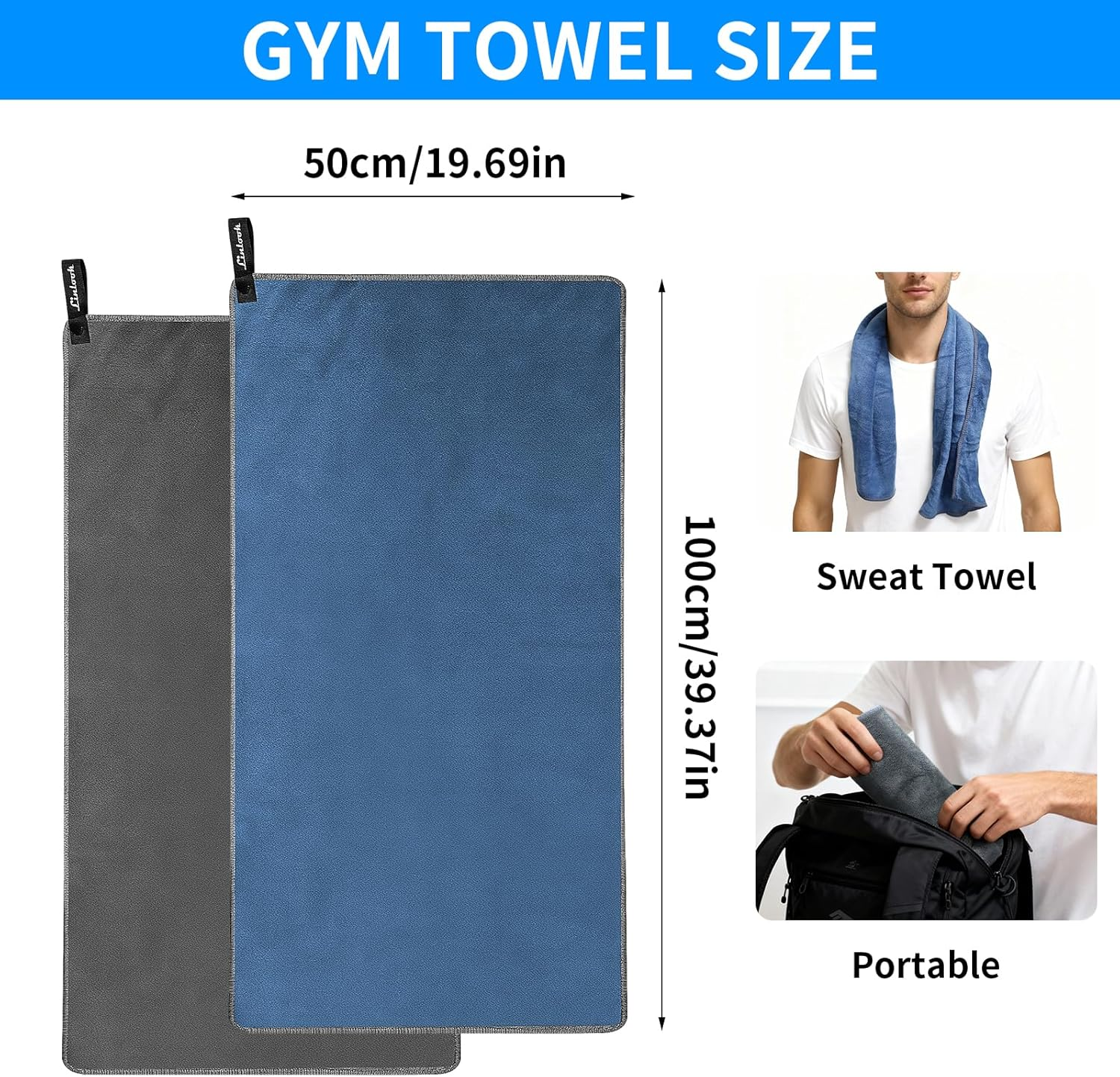 Microfibre Gym Towels, 100X50Cm Fast Drying Microfiber Towels with Bag, Super Soft and Absorbent Sports Towels, Lightweight Sweat Towel for Sports, Gym Fitness, Yoga, Camping, Travel