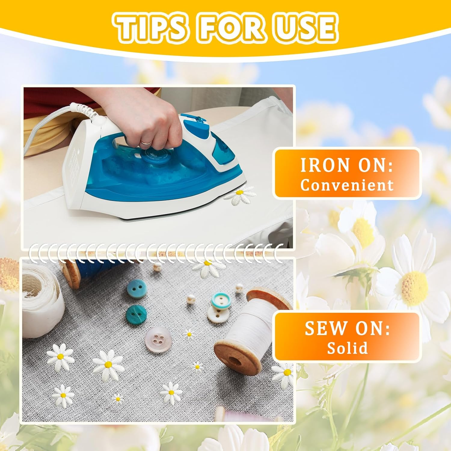 40Pcs 4 Sizes Daisy Flower Iron on Patches, Cute Embroidery Applique Patch for DIY Decoration Clothes, Pants, Hats, Backpacks, Sewing Patches for Girls, Women (Flower, White, 4Cm*3.5Cm*3Cm*1.2Cm) image number 6