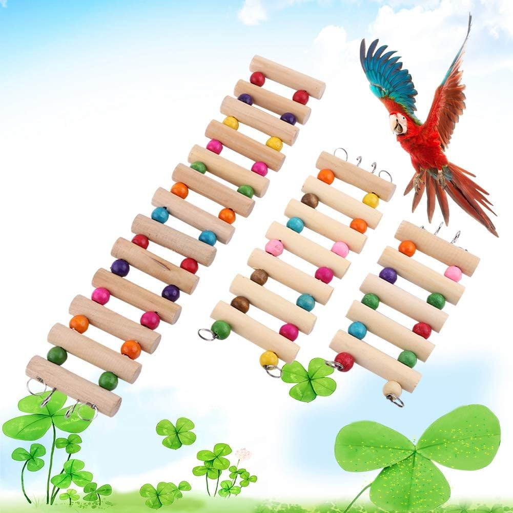 Pet Bridge Ladder Toy, S/M/L Wooden Bendable Rope Suspension Bridge with Rainbow Beads Climbing Swing Steps Teeth Chew Toys Cage Decoration for Mouse Rat Hamster Parrot(S) image number 1