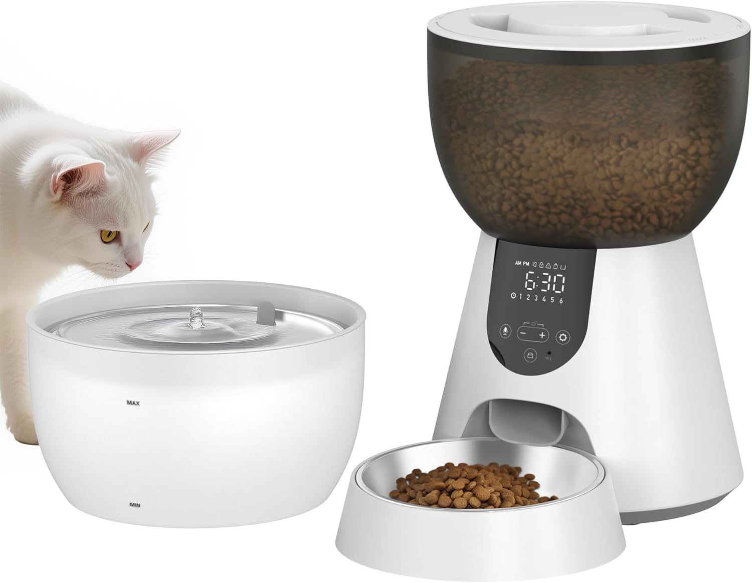 Advwin Automatic Cat Feeder and Water Fountain, 2-In-1 Feeding Set with Programmable Schedule & Voice Recorder, Dual Power Supply, Auto Pet Food Dispenser for Cats & Dogs