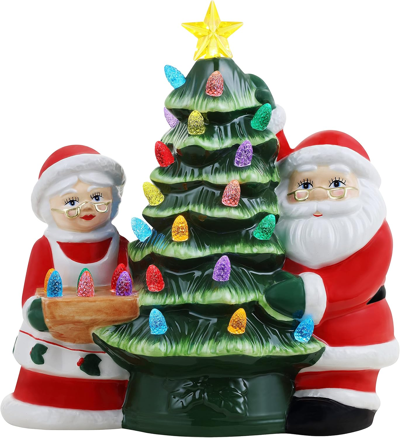 Mr. Christmas Nostalgic Ceramic Christmas Tree with LED Lights, Indoor Christmas Decoration, 9.5 Inches, Mr. & Mrs. Santa Claus image number 2