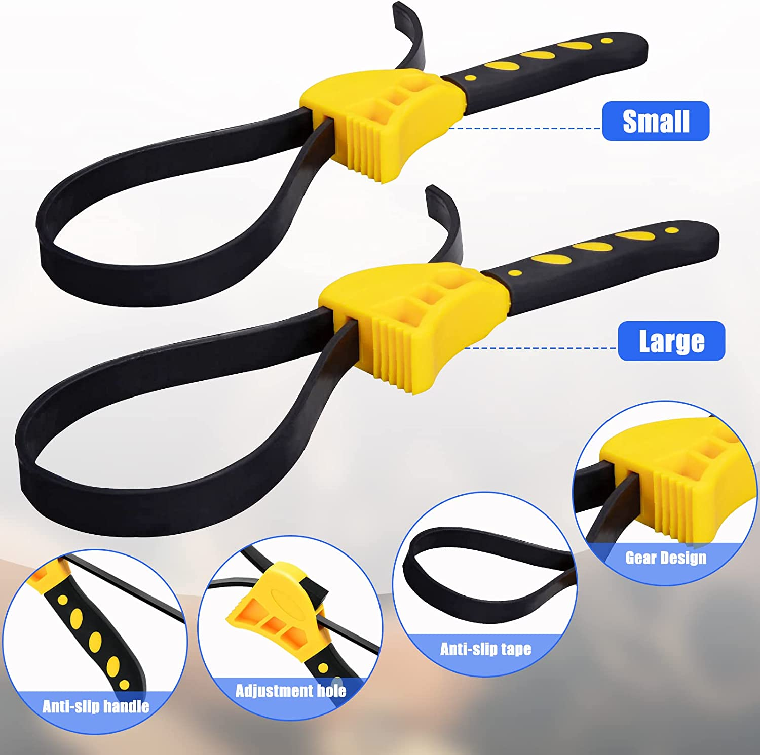 Strap Wrench Set, 2Pcs Universal Rubber Wrench with Anti-Slip Gloves, 22.8In & 18.8In Length Adjustable Rubber Belt Wrench Oil Filter Wrench, Jar Opener for Weak Hands, Pipe Wrench for Plumbers image number 5