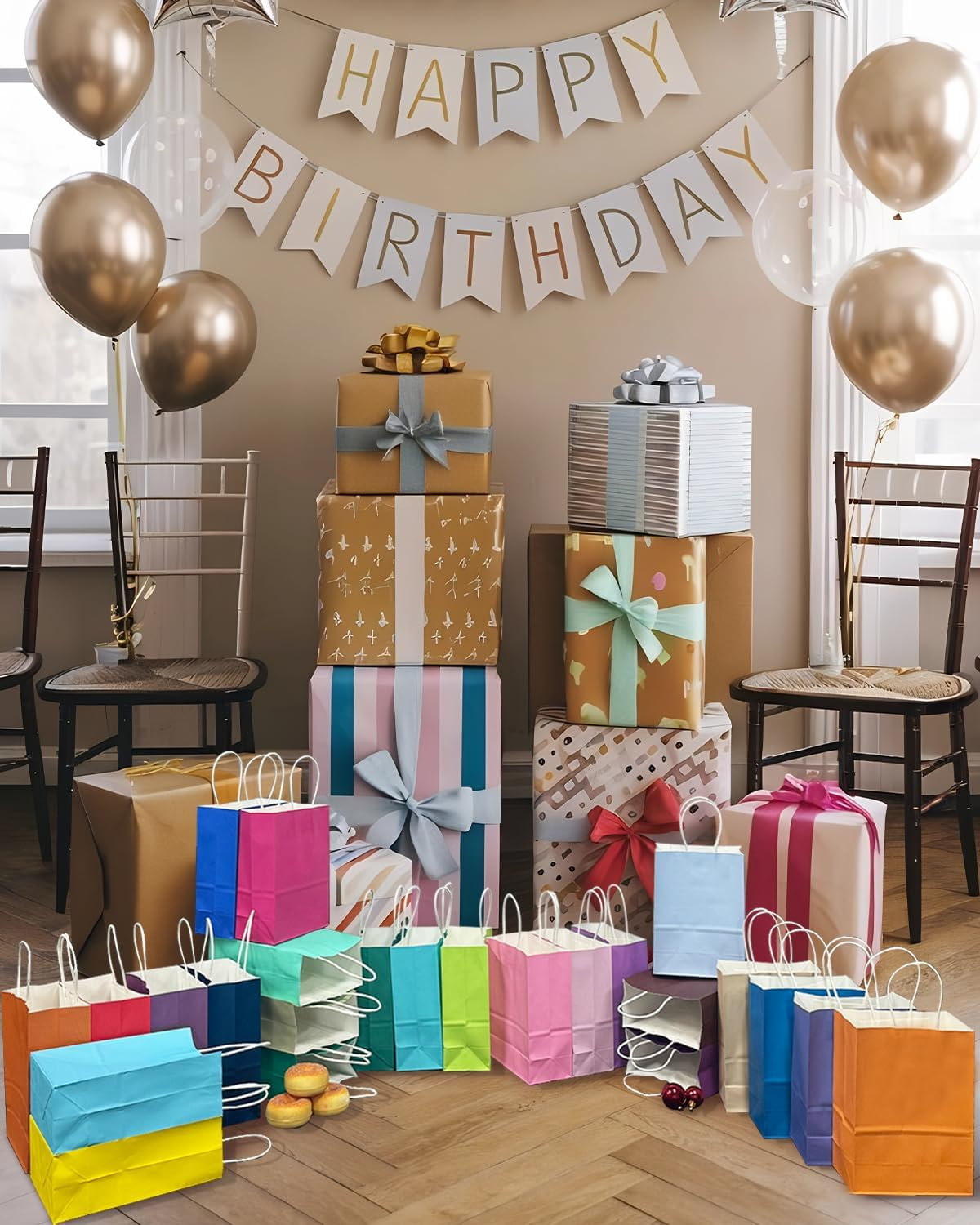 Qiqee 24PCS Medium Size 27X12X20Cm with Handles Bulk Gift Bags 24 Different Senior Color Bags Multiple Uses (8X5X11Inch, Medium Size) image number 1