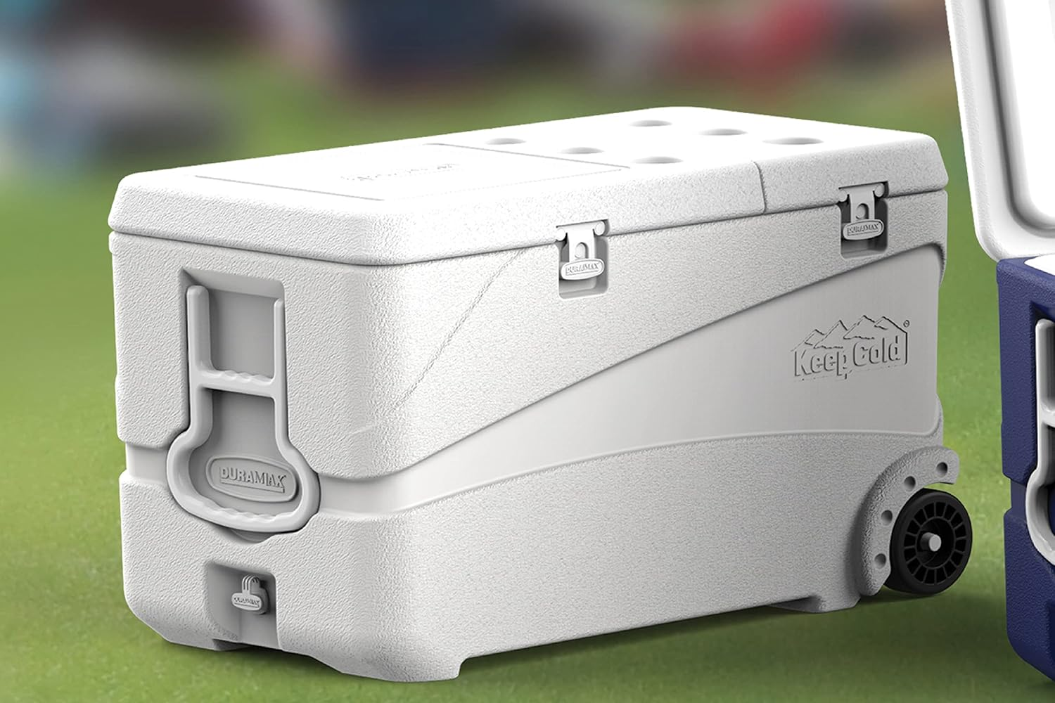 Duramax Deluxe Icebox 80L, High Performance Cool Box with PU Insulation, 6 Days of Ice Retention, Icebox with Wheels & Handles for Easy Mobility, Cup Holders on Lid, Durable Cool Box, Ice Chest, White - Blue image number 6