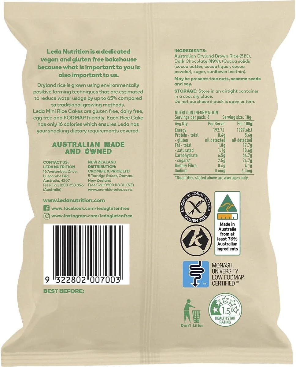 Leda Mini Rice Cakes Dark Chocolate G/F 60G image number 1