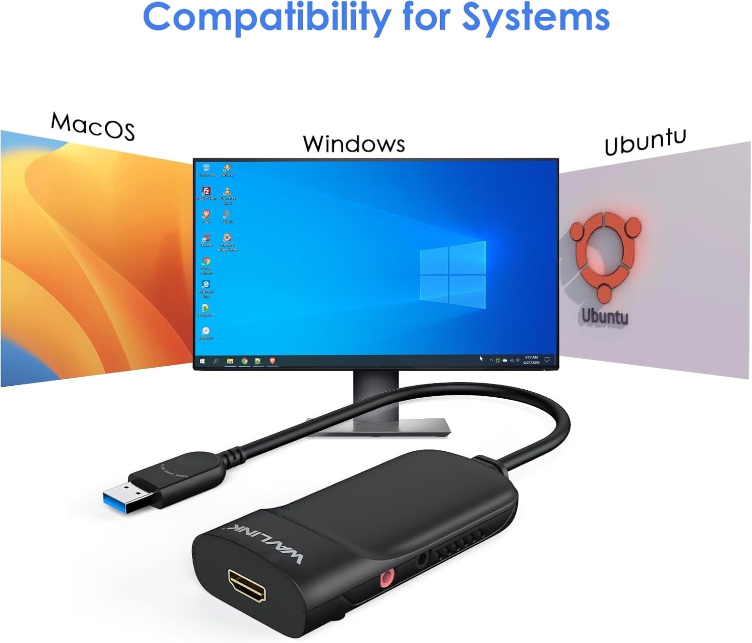 WAVLINK Universal USB 3.0 or USB-C to HDMI Adapter, Displaylink Chips External Video Card 2K Display Monitor,Supports 2560 &times; 1440 Resolution with Audio Port for Windows&Mac OS 10.14 or Latest&Linux image number 2