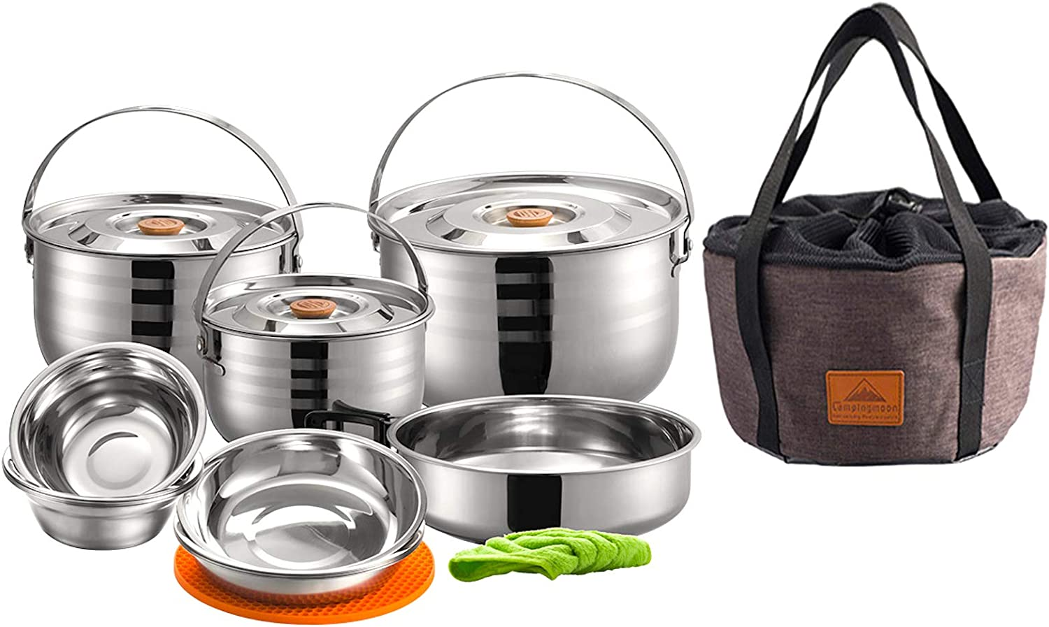 CAMPINGMOON Stainless Steel Outdoor Camping Nesting Mess Kit Cookware Set Pots Pans with Storage Carrying Bag