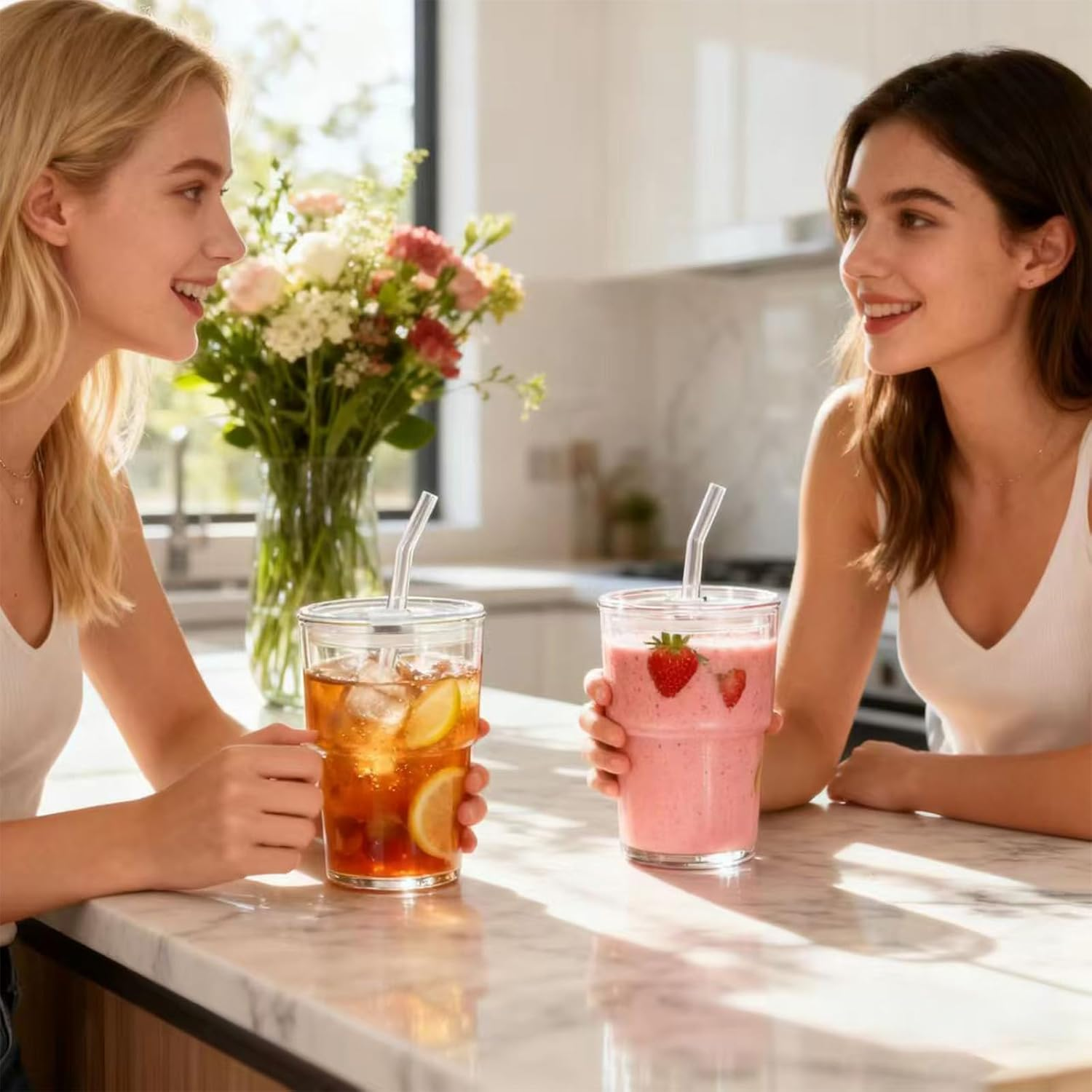 13Oz Glass Tumbler with Straw and Lid Sealed, Carry on Reusable Iced Coffee Cups,Thick Wall Glass Coffee Drinking Glassware Cups image number 2