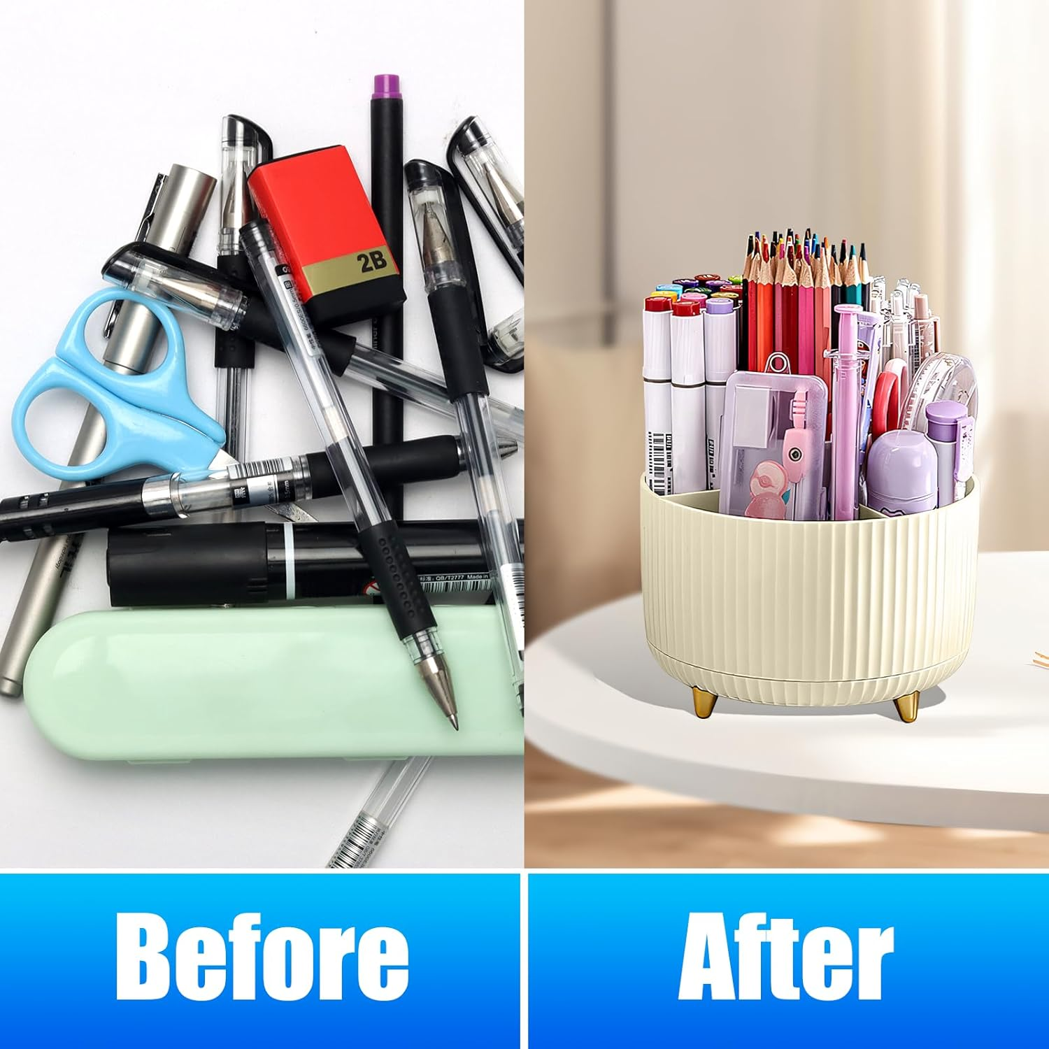 360 Degree Rotation Desk Organizer, Dual-Purpose Desktop Pencil Pen Holder Organizer for Home Office School Home (Beige)