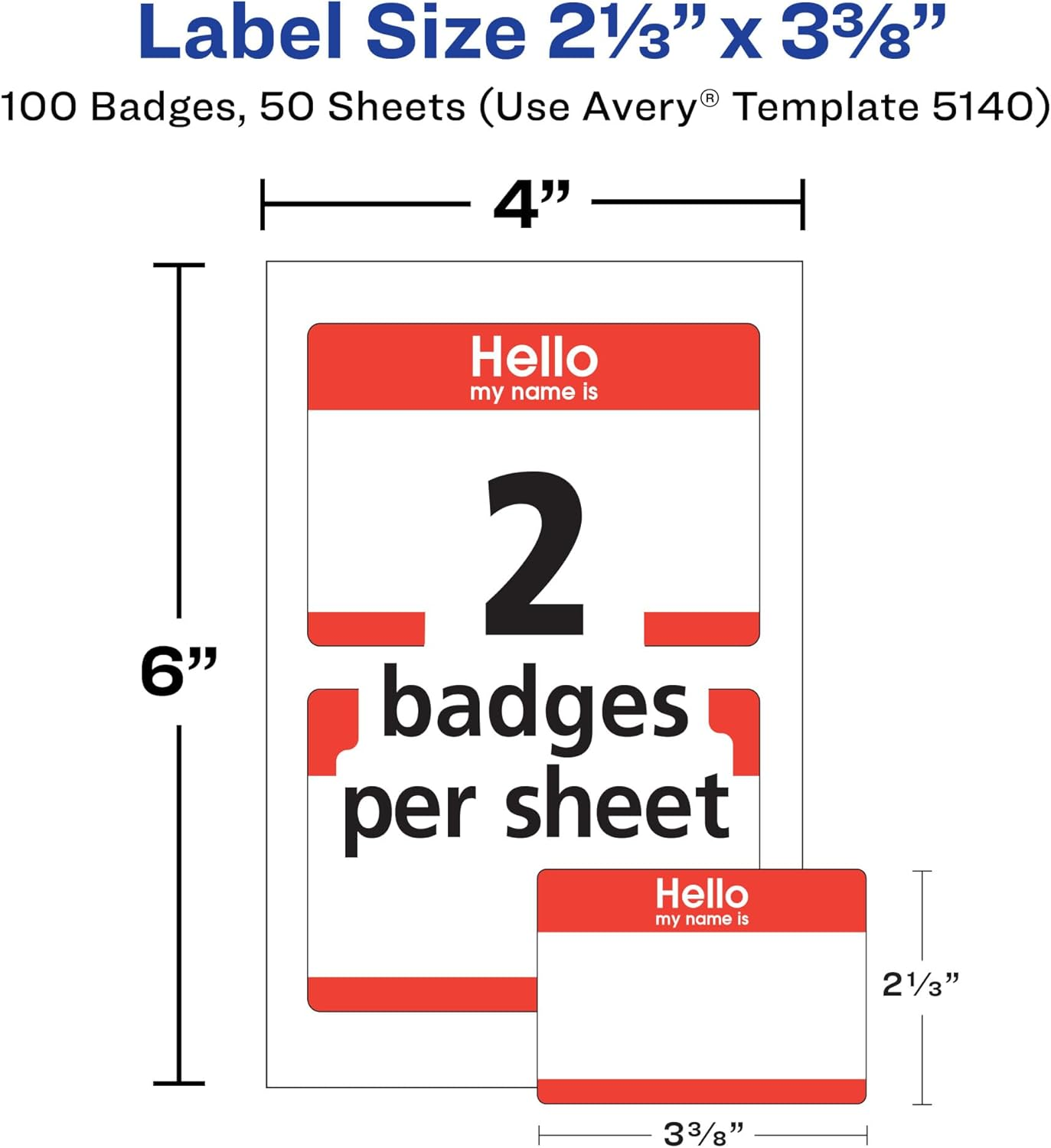 Avery Hello My Name Is Name Tags, White with Red Border, 100 Removable Name Badges (05140) image number 3