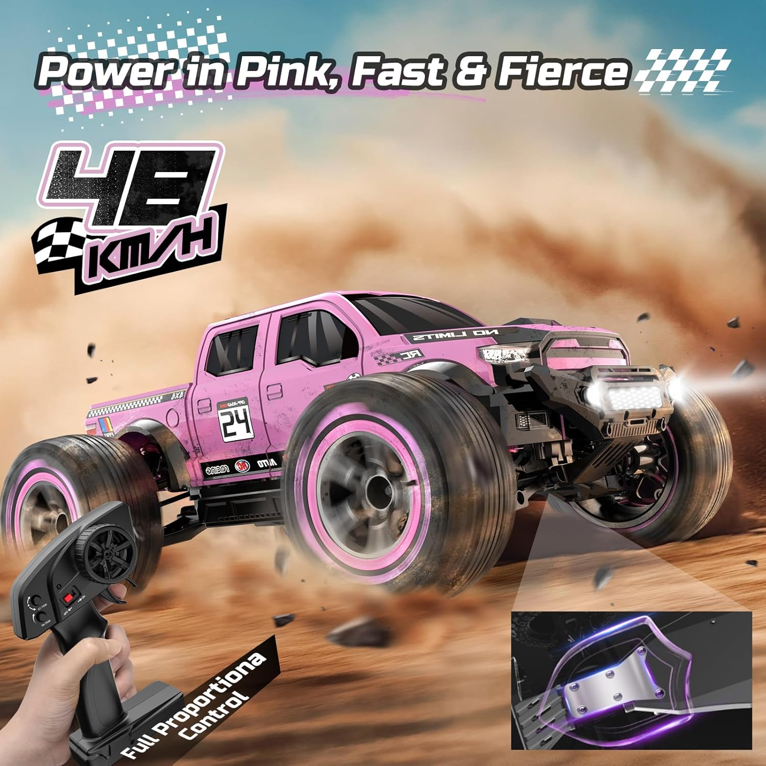 DEERC 1:10 Fast RC Cars for Adults, 4X4 High Speed RC Truck Crawler, 48+KM/H, Pink All Terrain Hobby Remote Control Monster Truck with 2 Modular Batteries, Toy Vehicle for Kids image number 4
