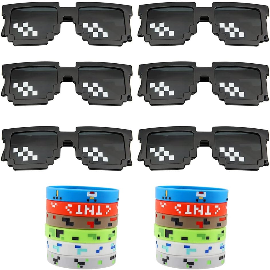 24 Pieces Mining Theme Style Party Supplies Pixel Theme Mosaic Glasses Thug Life Sunglasses and Pixel Theme Silicone Wristbands 6 Colour for Boys and Girls Kid Travel Theme Parties Photography image number 2