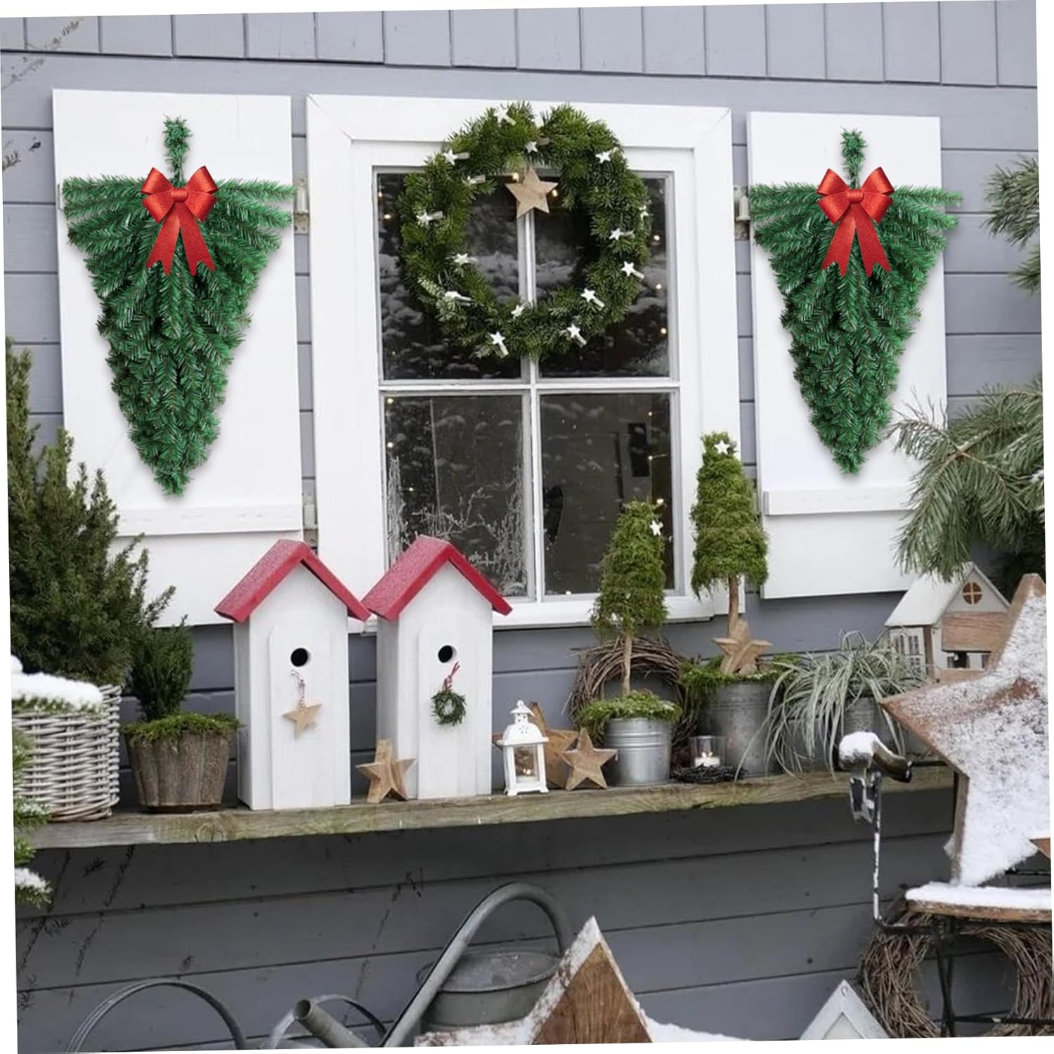 Christmas Swag 2Pcs 45Cm Wreath Base Artificial Upside down Tree Shape Teardrop Swag PVC Christmas Decorations for Front Door Wall Window image number 1