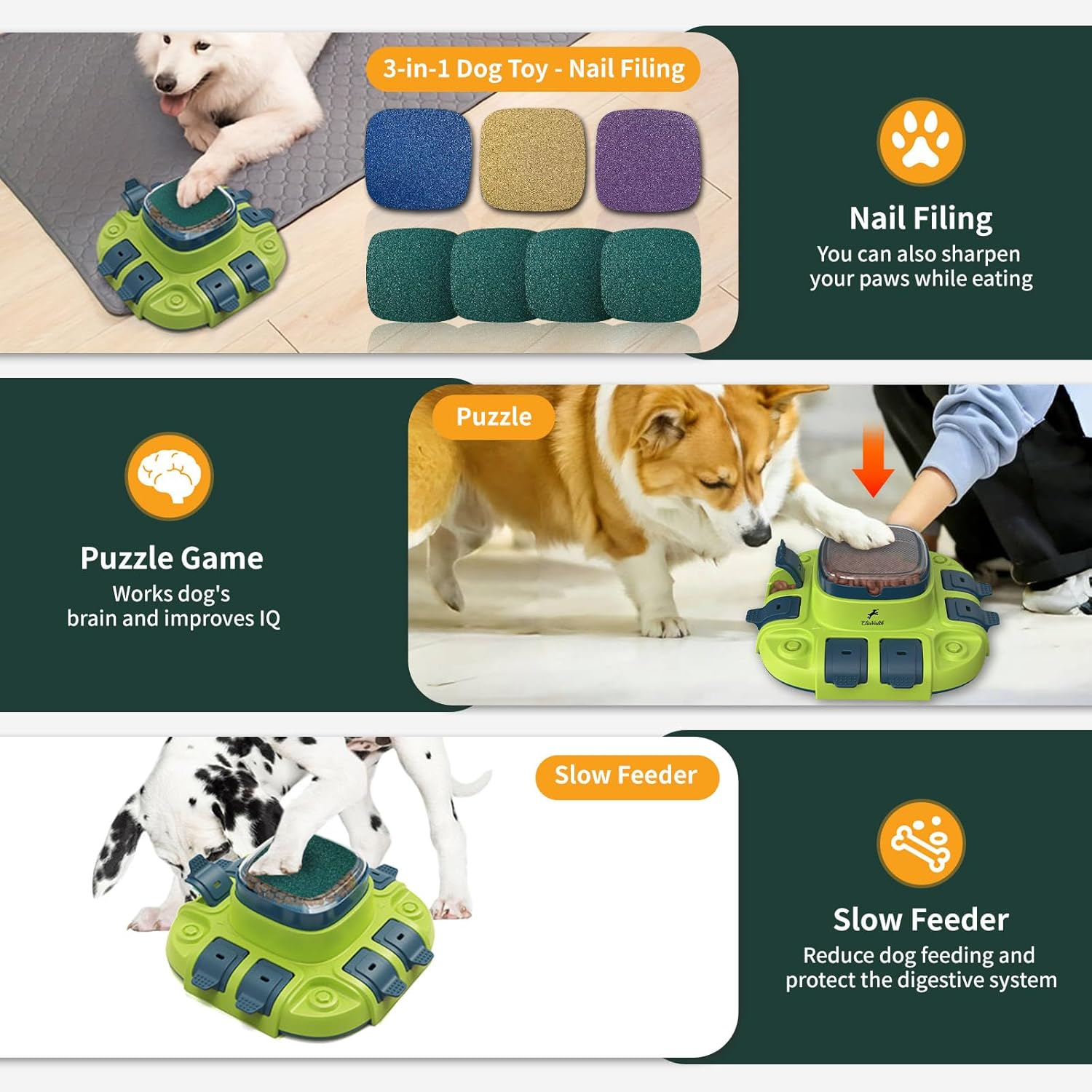 Interactive Dog Toys, Eliavalth Dog Enrichment Toys for Mental Stimulation, 3-In-1 Toys for Dog Puzzle with 2 Levels, Slow Feeder Dog Bowls & Nail File, Scratch Board for Nails, Light Green