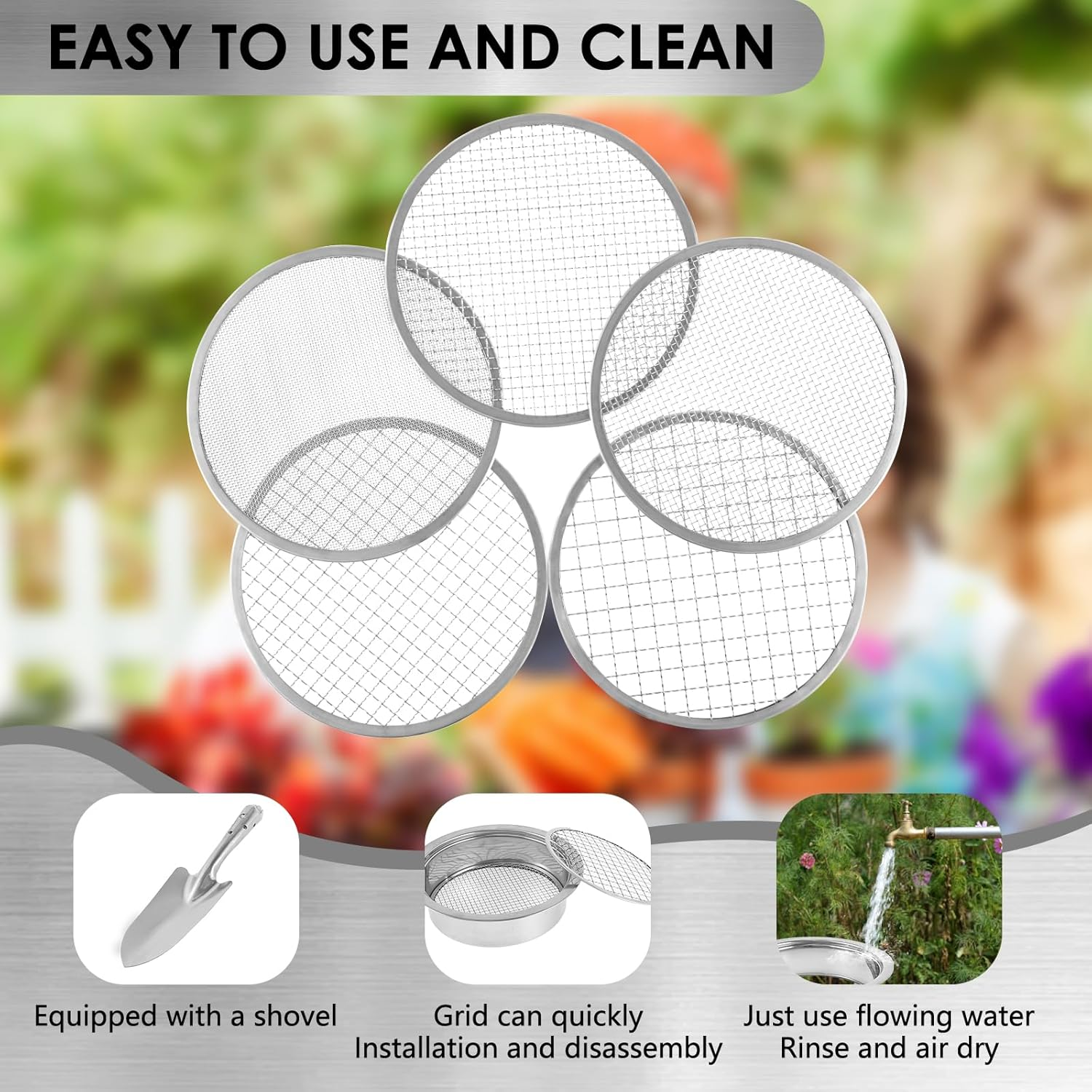 Soil Sieve Set with 5 Interchangeable Meshes Sizes 1/3/6/9/12Mm, Stainless Steel Riddle Sieve Pan with Shovel 24Cm Garden Potting Soil Sifter for Gardening Dirt Sand Soil Rocks image number 4