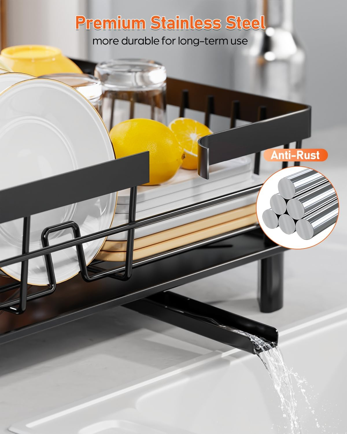 Large Dish Drying Rack with Drainboard, Stainless Steel Dish Rack for Kitchen Counter,Detachable Dish Drainer Organizer Shelf with Utensil Holder Set (Black) image number 5