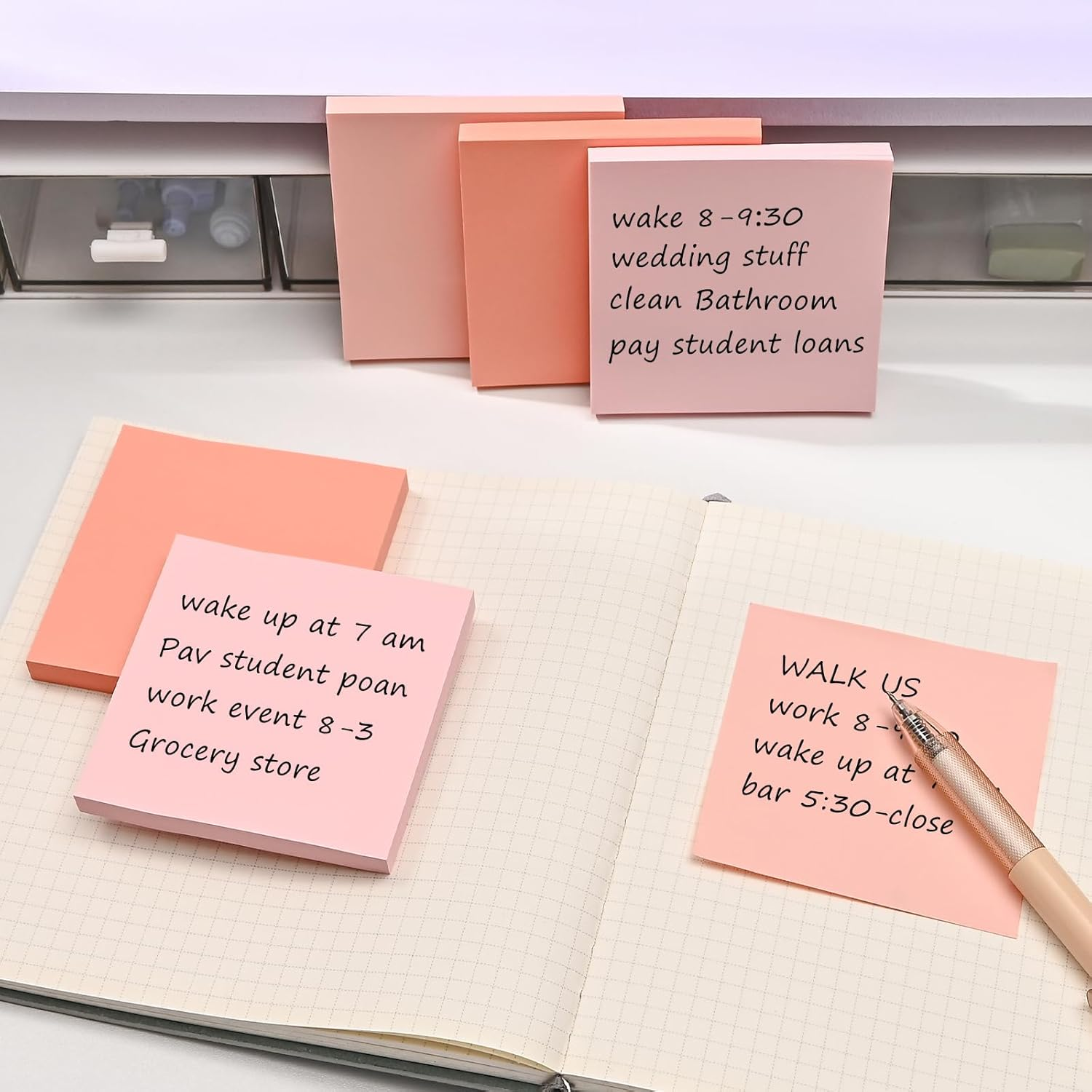 BAYTORY 640 Sheets Colored Sticky Notes, Gradient Memo Pads, Aesthetic Self-Stick Note, Self-Adhesive Sticky Note Easy to Post for Home Office School Supplies (Pink) - Blue image number 3