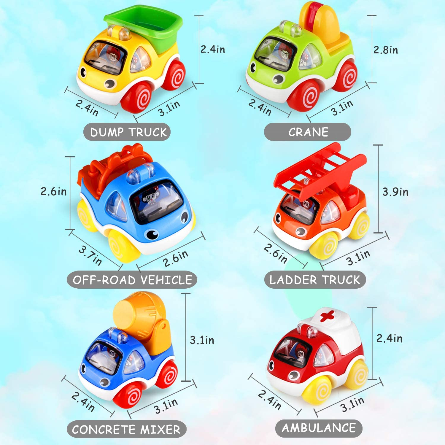 Bluefire Pull Back Cars, Cars Toys for Baby and Toddlers, Push and Go Vehicles Toys, Mini Vehicle Toys for Kids/Boys/Girls(6 Pcs)