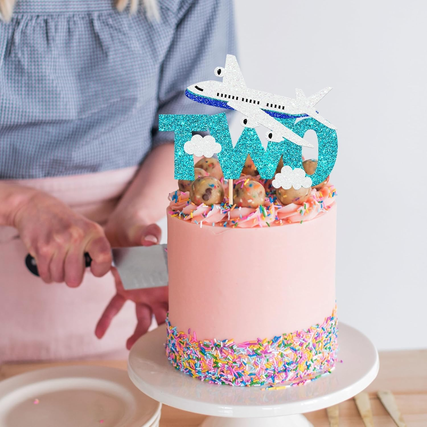 1 Pack Two Airplane Cake Topper Glitter Airplane Sign Oh How Time Files Cake Pick Second Birthday Cake Decorations for Plane Theme 2Nd Year Old Baby Shower Birthday Party Supplies image number 5