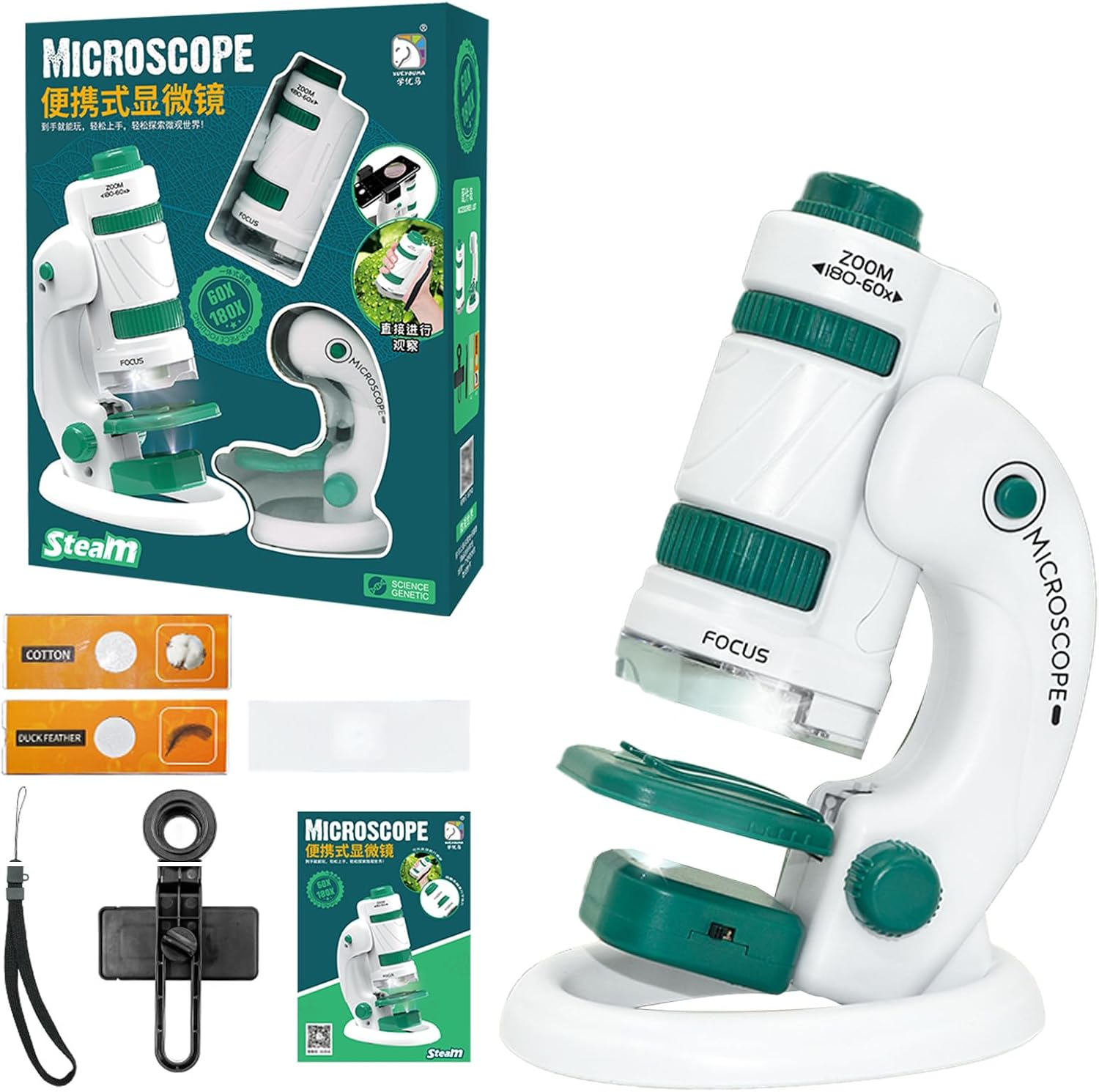 Microscope Toys for Kids Zoom 60X-180X, Handheld Mini Toddlers-Educational Science Toys Little Scientist, Pocket Microscope with 12Pcs Slides, Gifts for 6+ Girls Boys(Green)