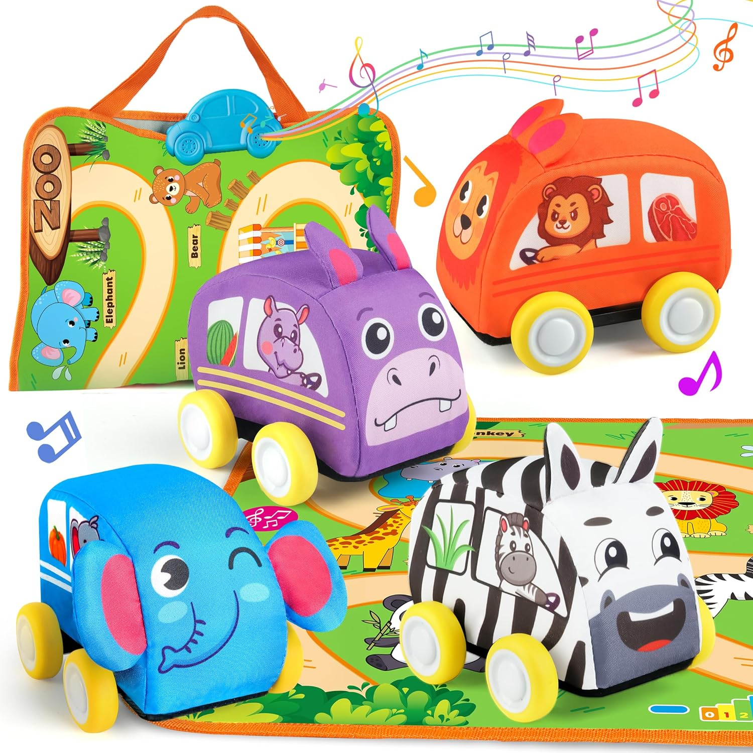 Vanmor Kids Pull-Back Cars Set - 2 in 1 Baby Toy Set with 4 Animal Vehicle and Musical Mat Carrying Bag-Kid Toy Cars for 12M+ Infant, Soft Toys for Babies and Toddlers image number 6
