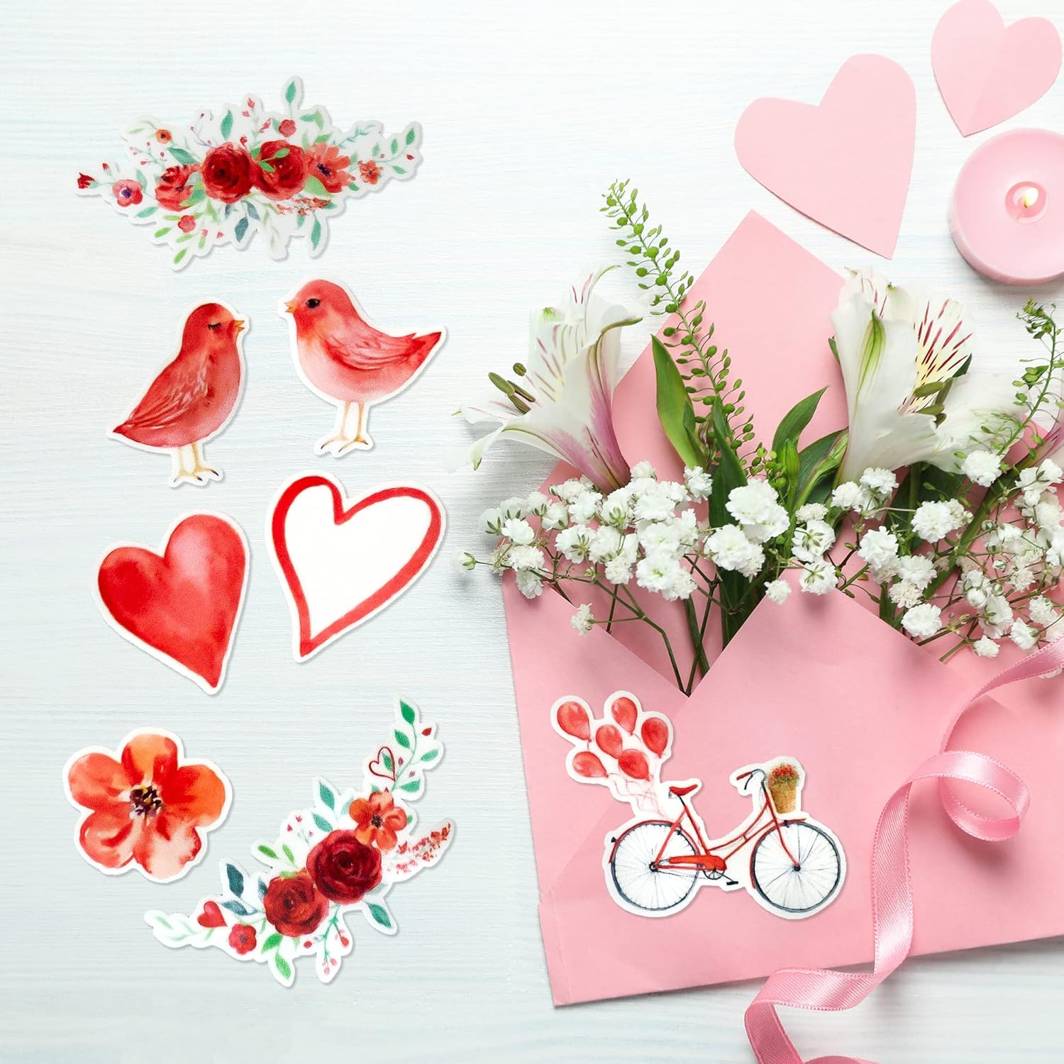 Navy Peony Red Heart and Rose Valentine Stickers (28 Pieces) | Waterproof Decals for Laptops | Stickers for Scrapbook and Journal