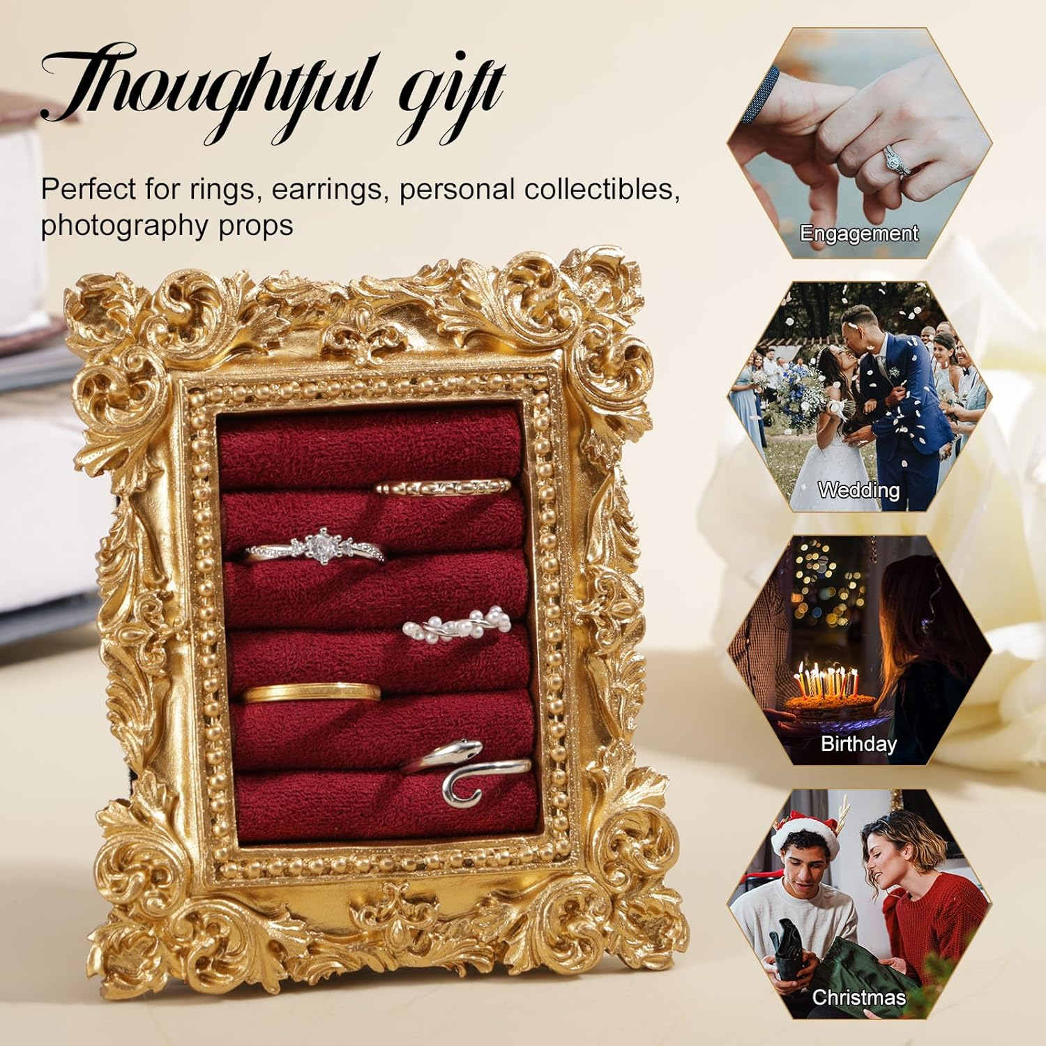 Vintage Ring Display Stand, Baroque Ring Holder Earring Display Tray Jewelry Organizer Birthday Engagement Wedding Decoration for Women (Wine Red) image number 6