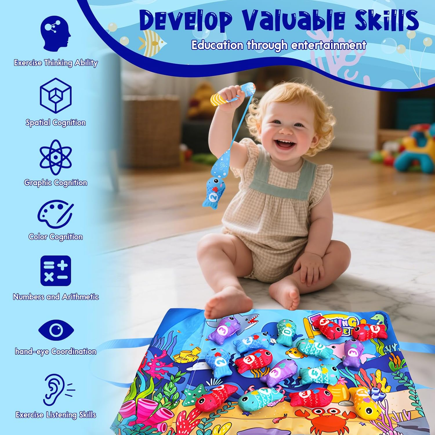 Montessori Toys for 1 Year Old,1-3 Year Old Boys Girls Gifts,Baby Toys 6-18 Months Cloth Fishing Game with Baby Stacking Cups,Number Counting,Color Sorting,Graphic Cognition,Mind Expansion image number 2