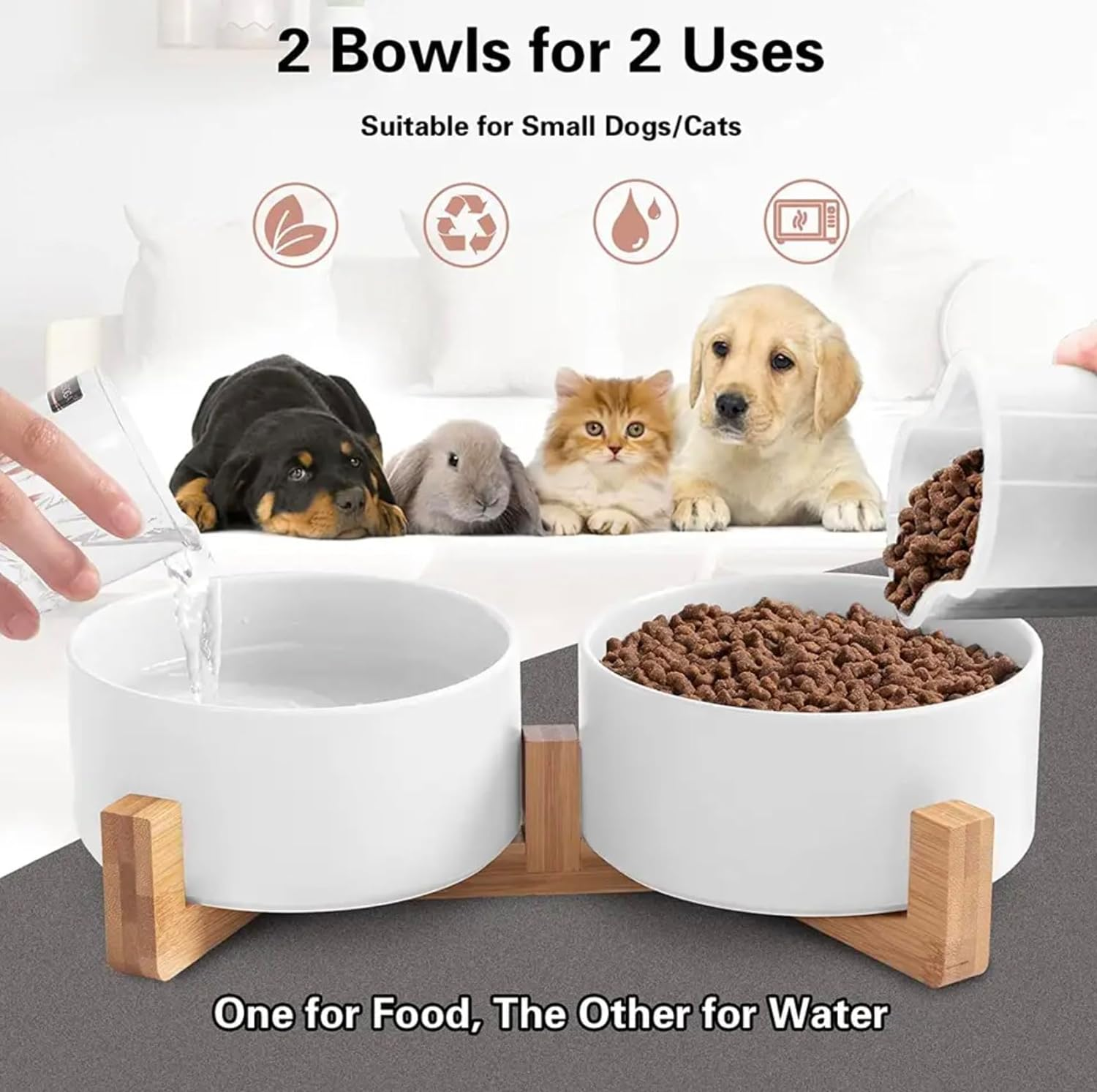 Pet Bowls No Spill Marble, Elevated Ceramic Pet Food, Wooden Bamboo Stand, Cats, Rabbits, & Small Dogs, Durable & Easy to Clean. Single or Double. Special Treat for Your Pet (White Double) image number 4