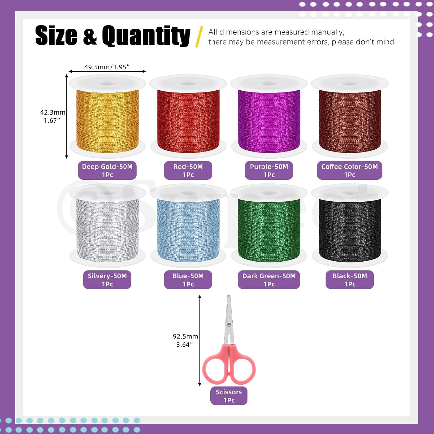 Swpeet 9Pcs 8 Colors 55 Yards Metallic Elastic Cords with Scissors, Metallic Cord Tinsel Rope, Metallic Stretch Cords Elastic Cords Ribbon for Craft Gift Wrapping Christmas Jewelry Making