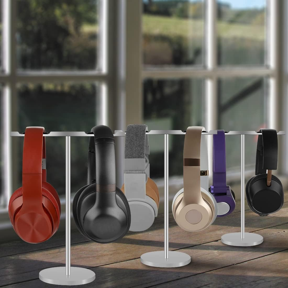 Geekria Aluminum Alloy Dual Headphones Stand for Over-Ear | On-Ear Headphones, Gaming Headset Holder, Desk Display Hanger with Solid Heavy Base, Compatible with Bose QC45, QC35 (Silver) image number 2