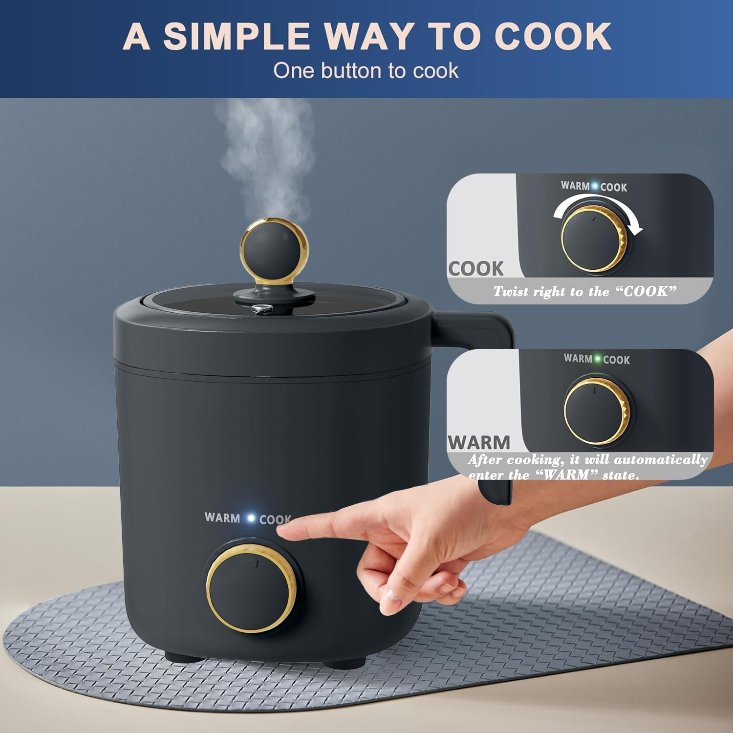 Rice Cooker Small, 2-Cups Uncooked, 1.2L Mini Rice Cooker with Non-Stick Coating, BPA Free, Portable Rice Maker with One Touch & Keep Warm Function, White image number 3