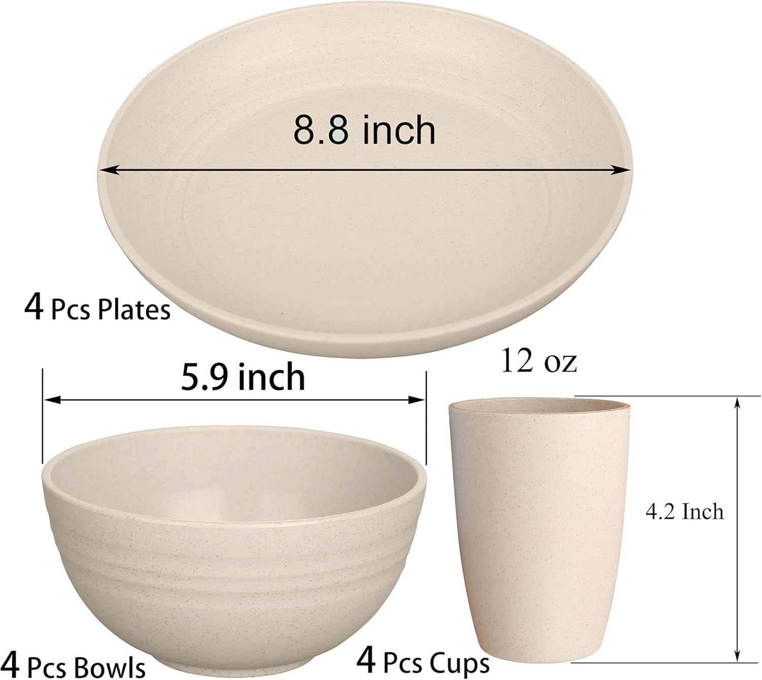 Luckyzone Wheat Straw Dinnerware Sets for 4 (Reusable Plates, Bowls & Cups) - Lightweight Unbreakable Dinner Camping Dishes for Kids Adult - Dishwasher & Microwave Safe, Eco Friendly(12Pcs/Beige) image number 3