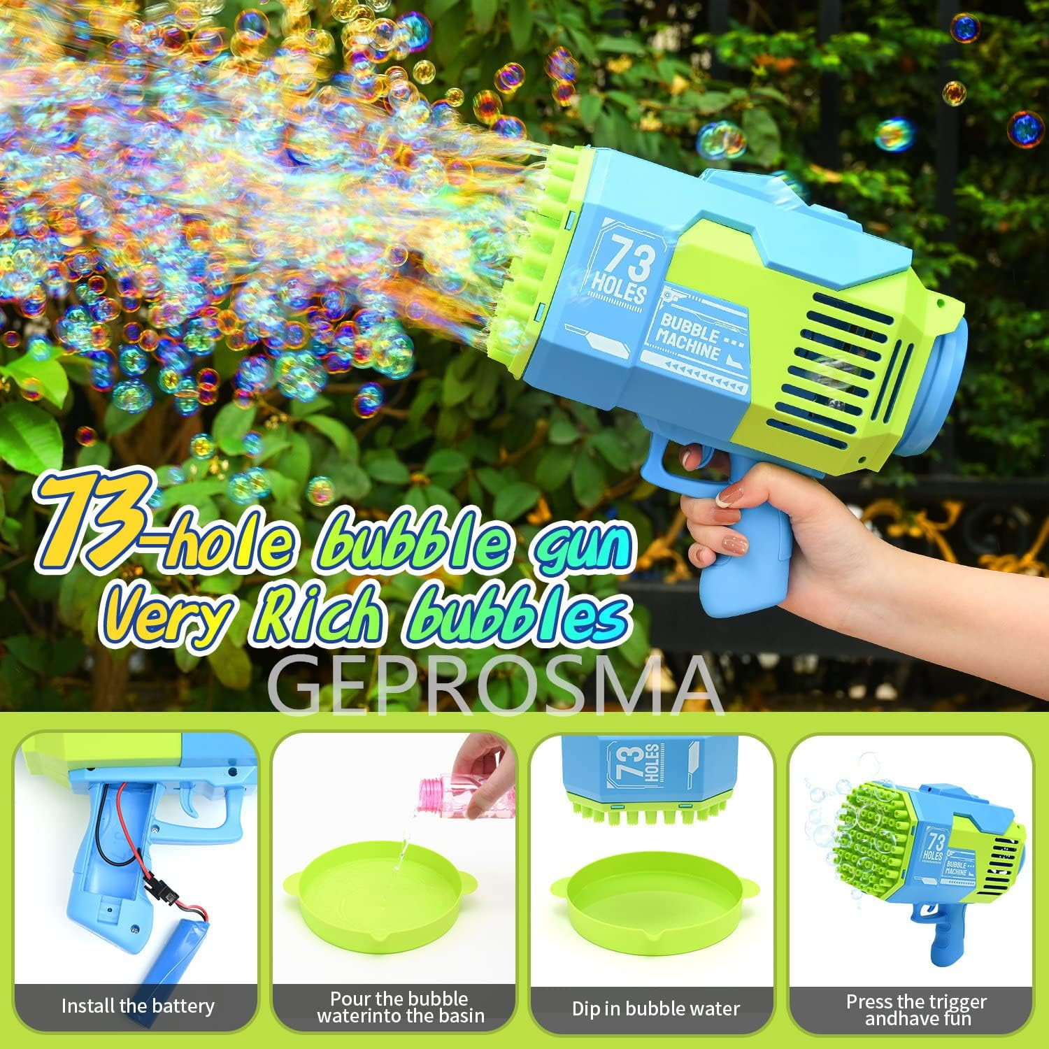 Automatic Bubble Gun Machine for Kids Adults,Rechargeable Battery/Bazooka Rocket 73 Holes/Lights, Electric Bubble Maker Blaster Blower Toys for Outdoor Games,Wedding,Party Favors image number 1