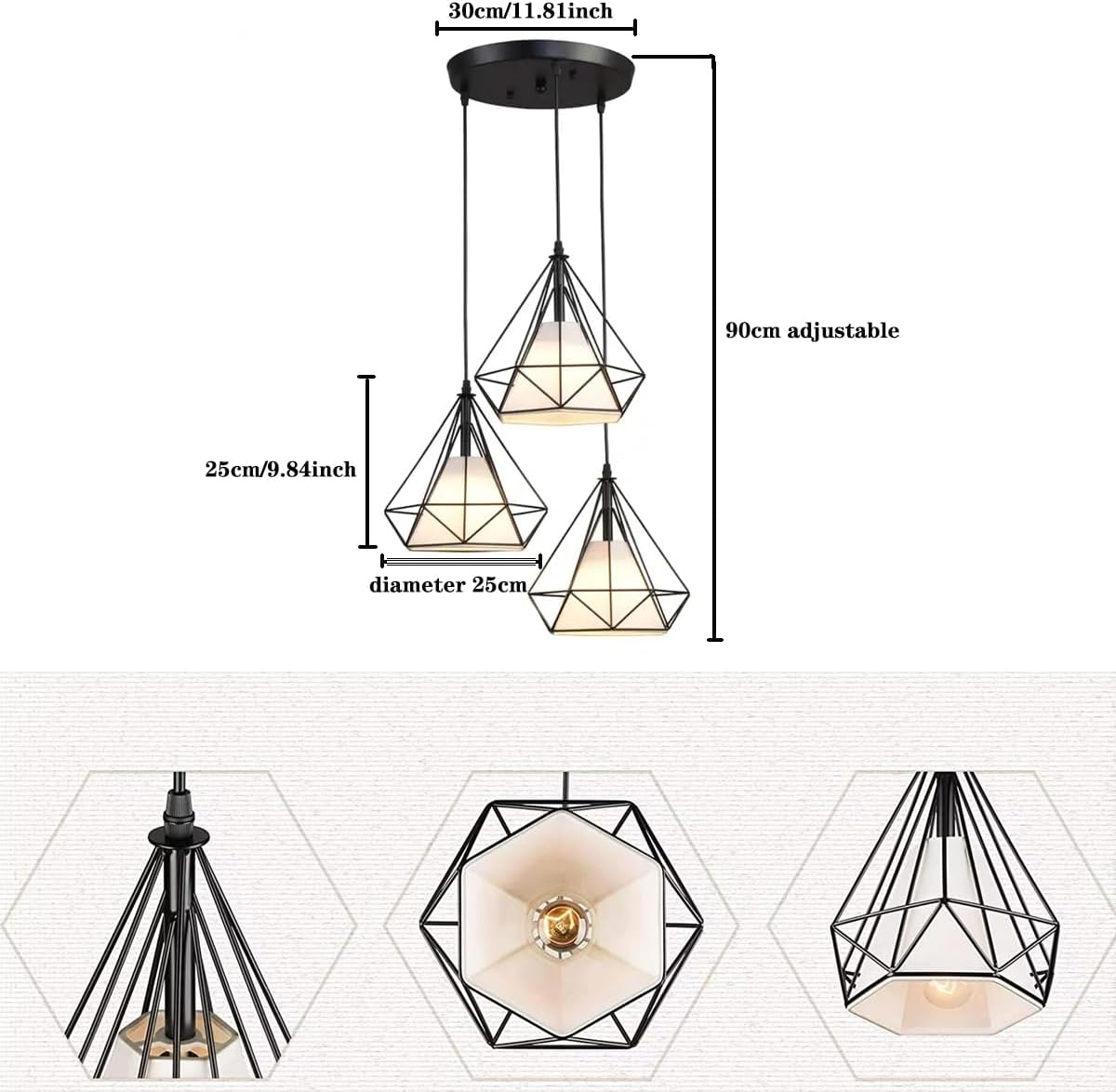 Industrial 3-Light Pendant Light Kitchen Adjustable Flush Mount Ceiling Lighting for Kitchen Island Living Room Bedroom Hallway, Vintage Hanging Pendant Lights Fixture image number 3