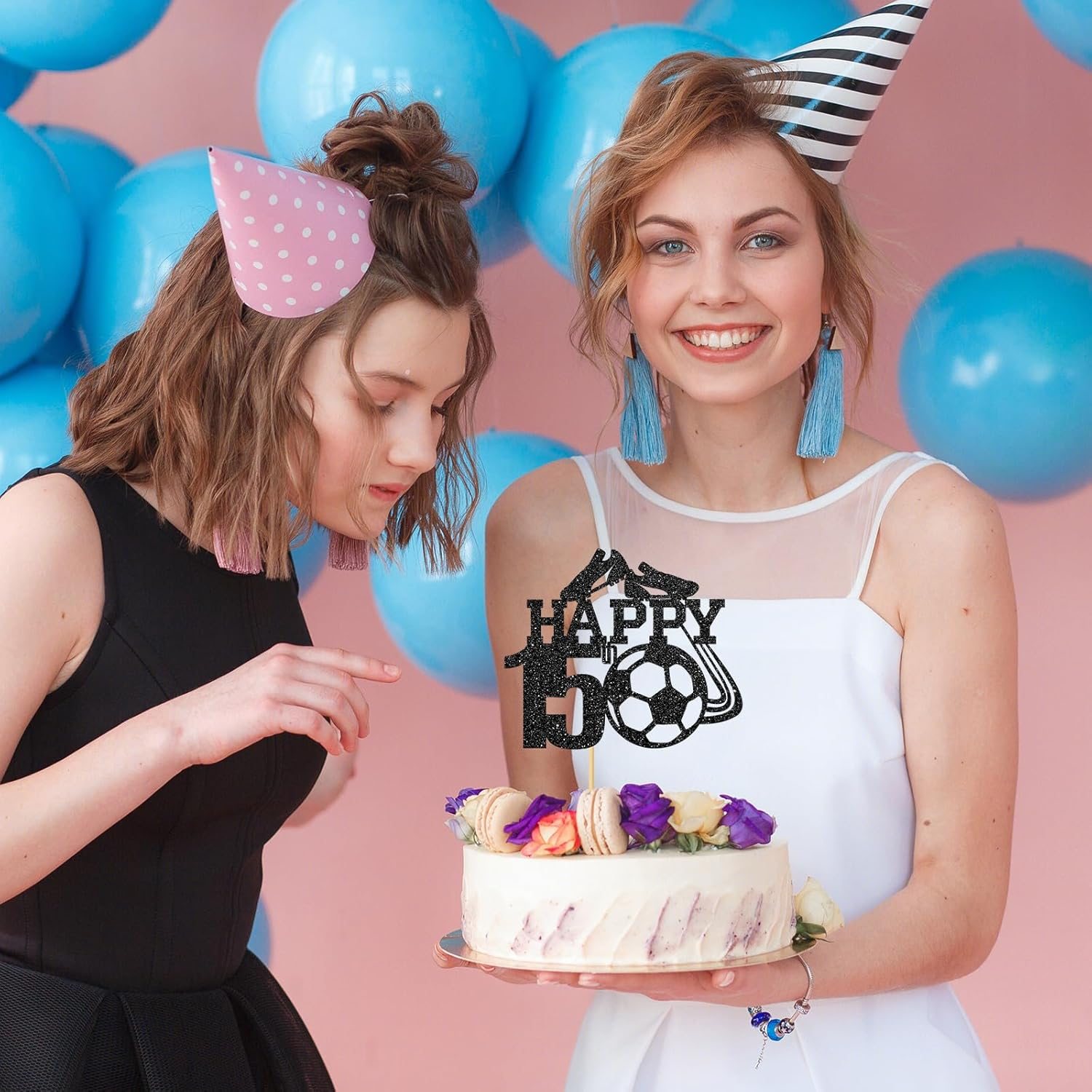 Monmon & Craft Soccer 15Th Birthday Cake Topper/Sport Theme Soccer Ball Cake Docer/Soccer Player Boy 15Th Birthday Party Decorations - Black Glitter image number 4