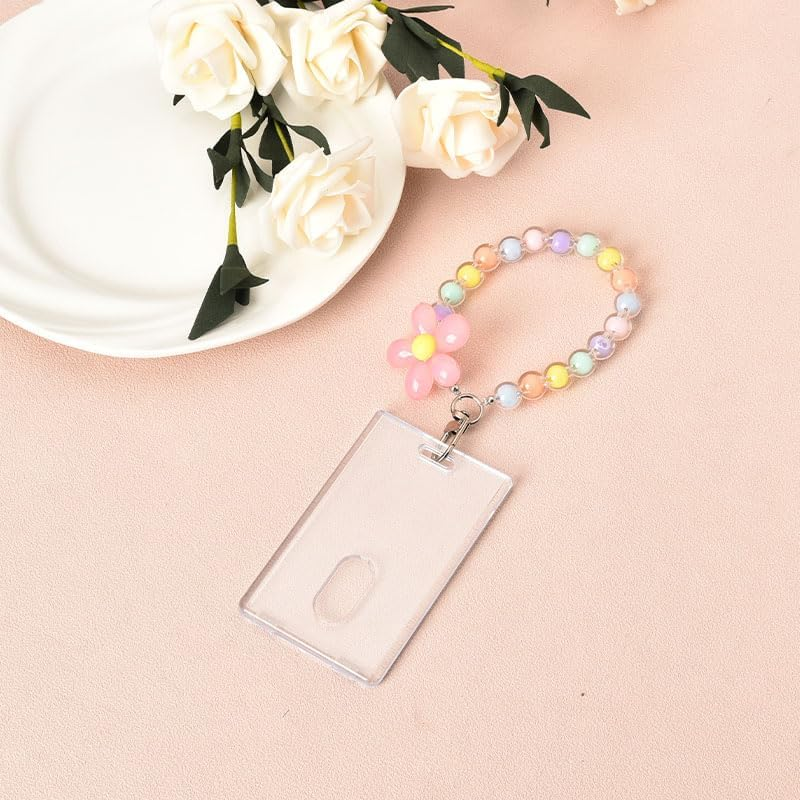 Kpop Photo Card Holders Keychains Acrylic Coloful Beads Flower Pendant Transparent ID Card Sleeves Protector for School Bus Work Card Holders for Women Photocard Holder image number 1
