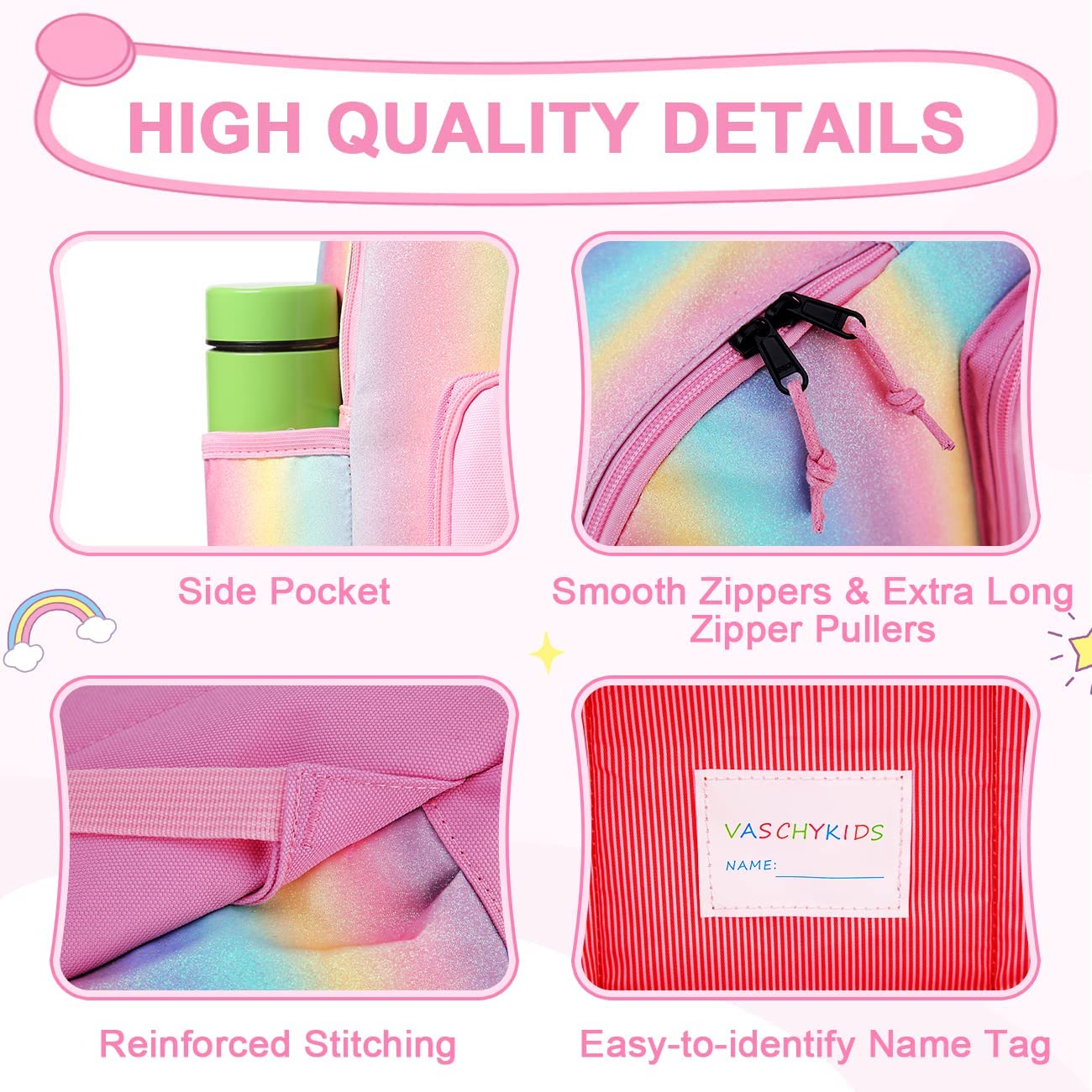 Backpack for Little Girls, VASCHY Cute Rainbow Lightweight Water Resistant Toddler Preschool Kindergarten Backpacks for Kids with Chest Strap image number 2