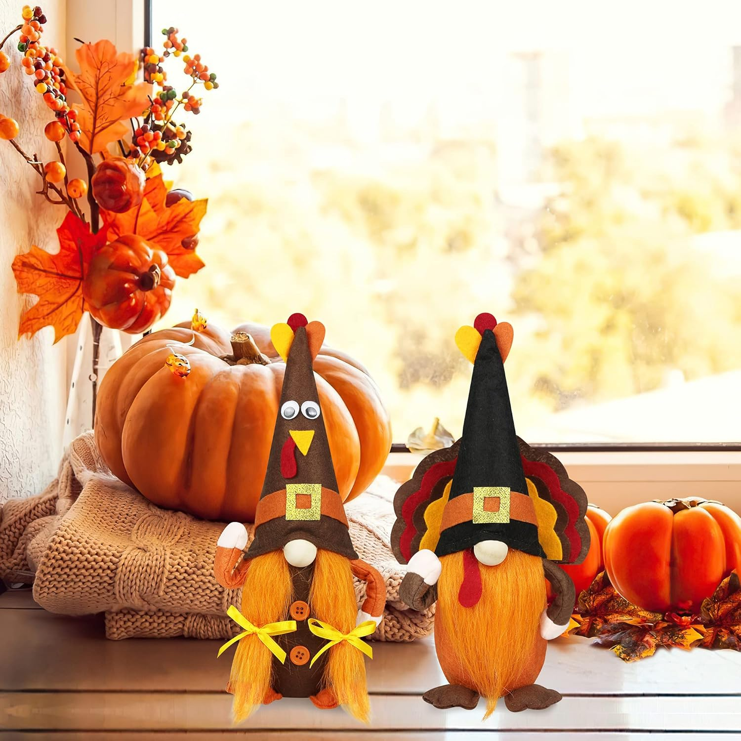 Mr and Mrs Thanksgiving Gnome Plush Decorations - 2 Pcs Turkey Gnomes Handmade Scandinavian Autumn Tomte - Fall Season Decor, Tiered Tray Decor, Thanksgiving Table Decoration, Housewarming Present image number 6