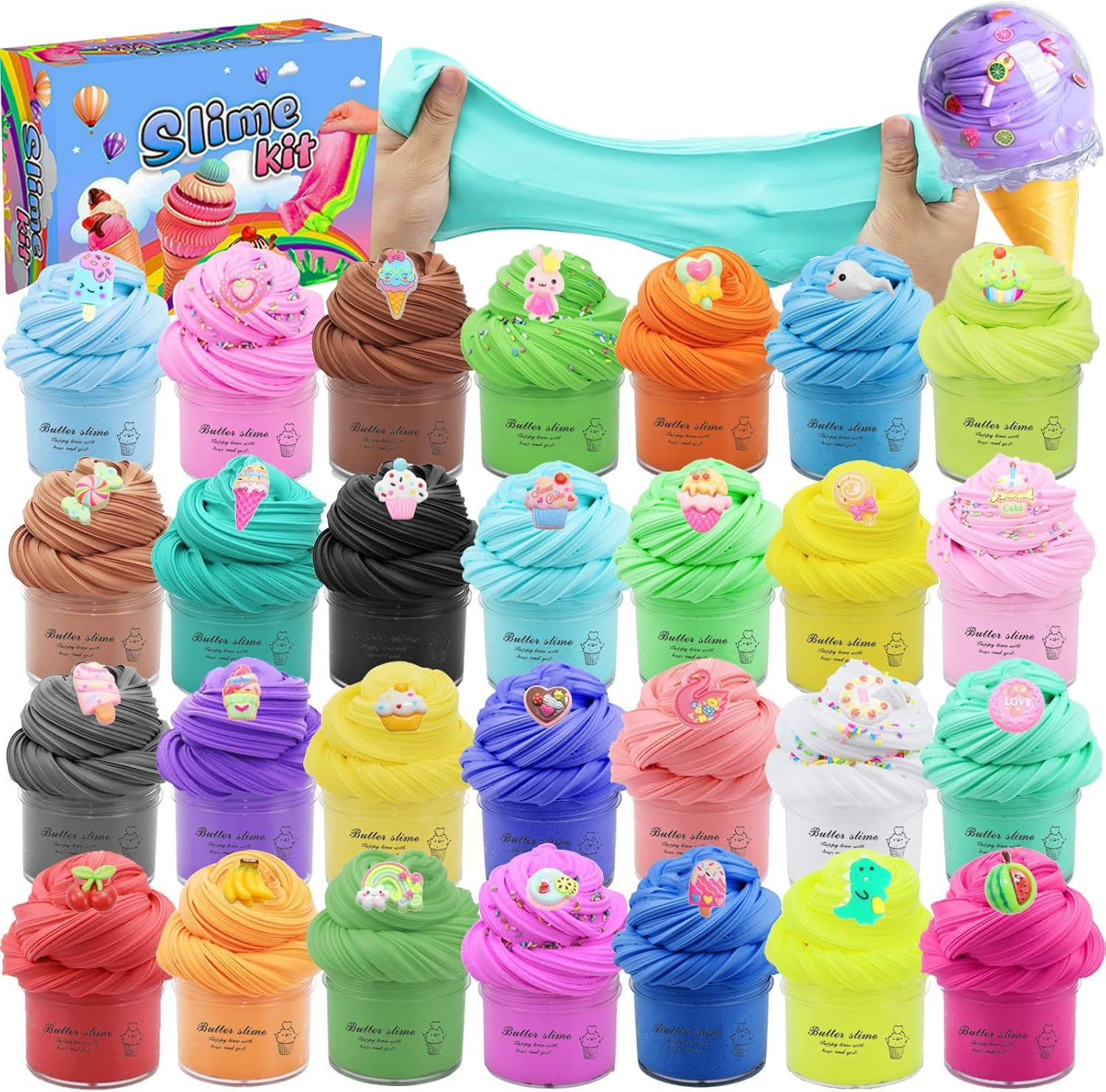 30Pack Butter Slime Kit with Cake Charms, 30ML DIY Educational Slime Toys, Super Soft & Non-Sticky Stress Relief Toy for Girls and Boys, Party Favors and Birthday Gift, Easter Basket Stuffers image number 3