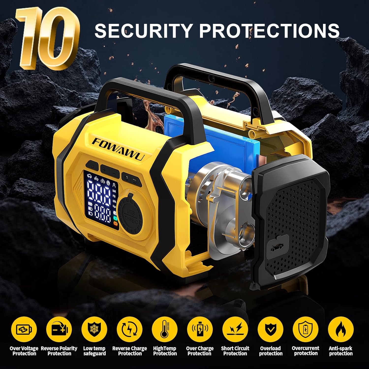 FOWAWU 6000A 26800Mah Jump Starter with Air Compressor, Car Battery Jumper Starter Power Bank (ALL Gas/10.0L Diesel), Cordless Auto-Shutoff Tire Inflator, Type-C Quick Charge, Smart Jumper, LED Lights image number 1