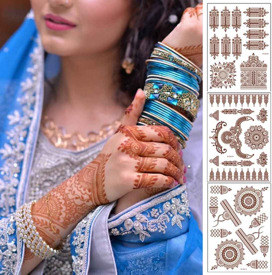 Temporary Tattoos, Henna Tattoos Brown Red Tattoos Sticker Lace Temporary Tattoos Waterproof Body Stickers for Women Girls Body Art 6Sheets