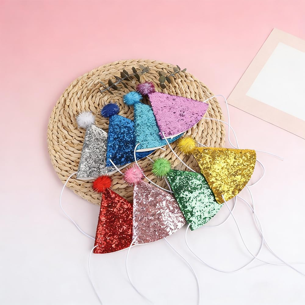 Pet Party Hats with Pom Pom, 8 Pack, Adjustable Mini Birthday Hats for Small Dogs and Cats, Reusable image number 3