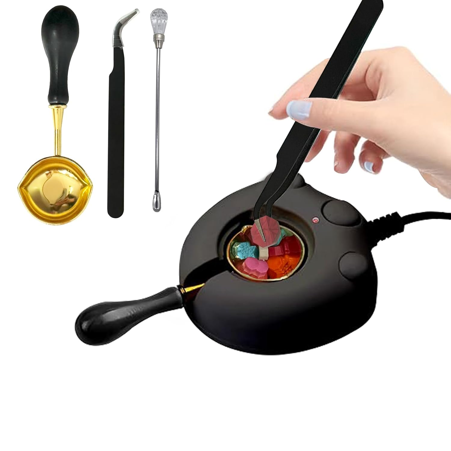 Black Electric Wax Seal Warmer Wax Seal Kit with Spoon, Tweezers and Stir Stick, Great Tool for Melting Wax Seal Sticks Sealing Wax Beads (01Black)
