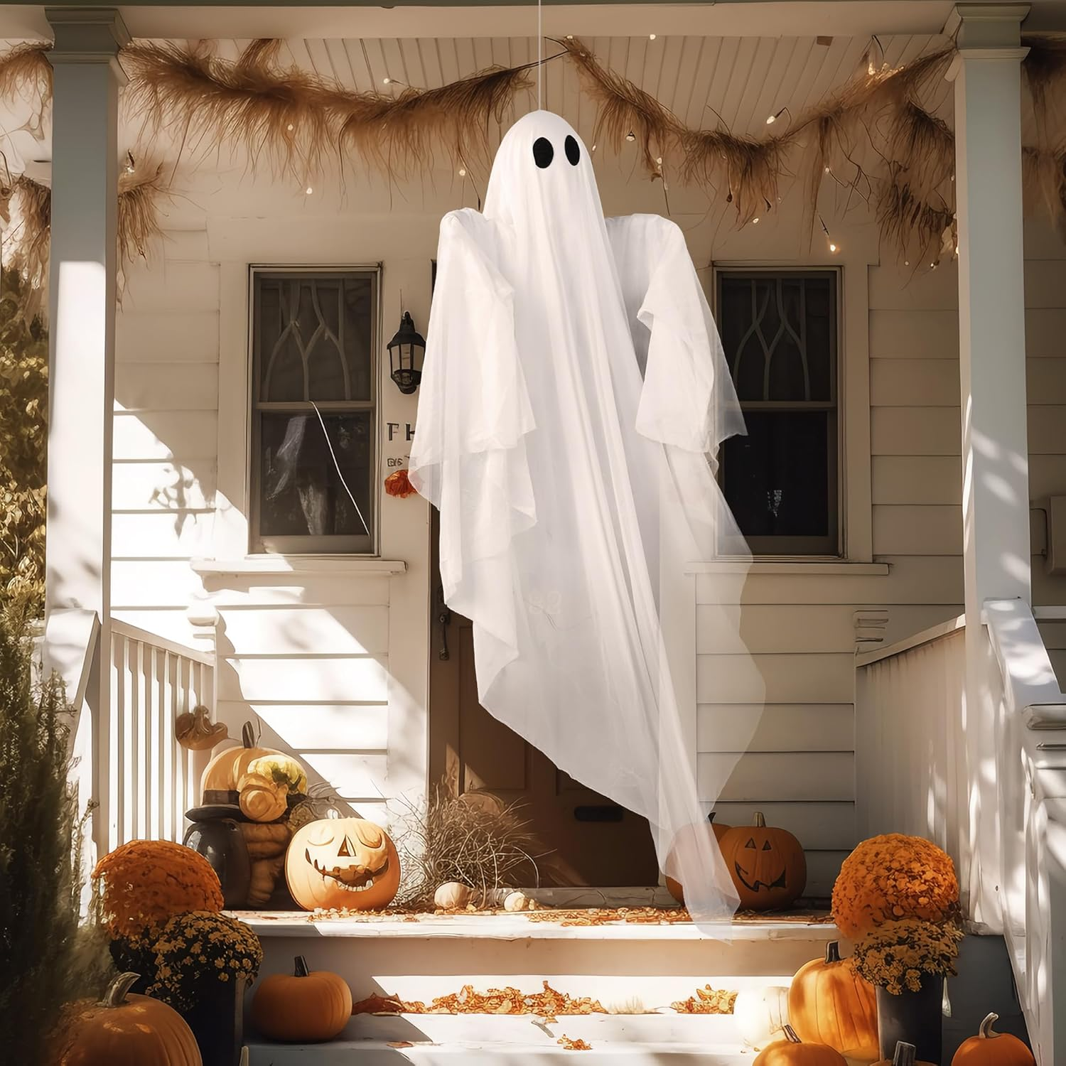 JOYIN Halloween Hanging Light up Ghost with Spooky Warm White LED Light, 47&rdquo; Halloween Hanging Decoration White Ghosts for Front Yard Patio Lawn Garden Party Decor Indoor Outdoor image number 2