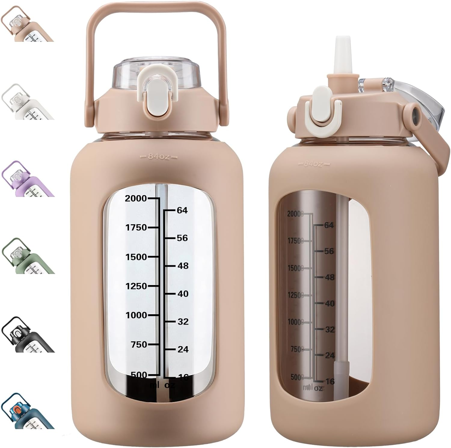 Kytffu 64Oz Glass Water Bottles with Straw, Half Gallon Motivational Glass Bottle with Silicone Sleeve and Time Marker, 2L Leakproof Large Glass Water Jug for Gym Home Office,Blue