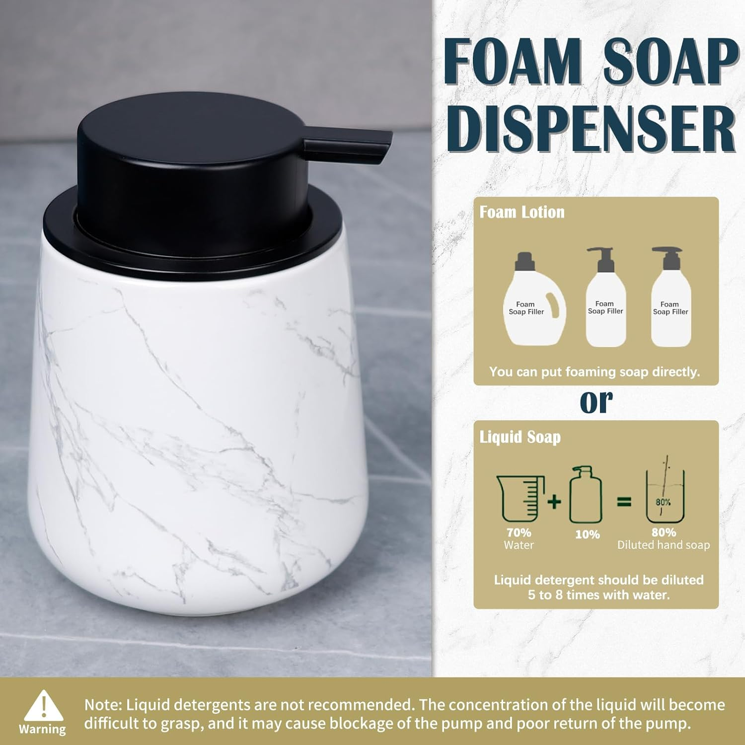 Foaming Soap Dispenser, 320Ml Ceramic Soap Dispenser Foam Dish Soap Dispenser for Bathroom Kitchen, Modern Marble Refillable Hand Soap Dispenser