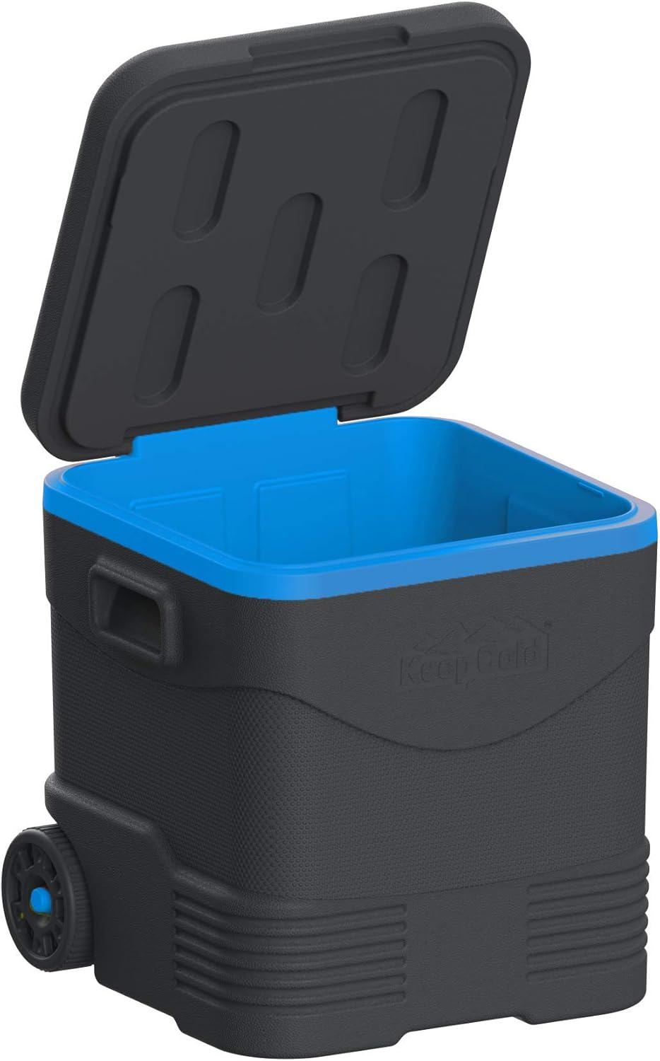 Duramax Trolley Ice Box, Cooler on Wheels, High Performance Cool Box with PU Insulation, Side Handles with Secure Lid Locking & Cup Holders on Lid, Anthracite & Blue image number 5